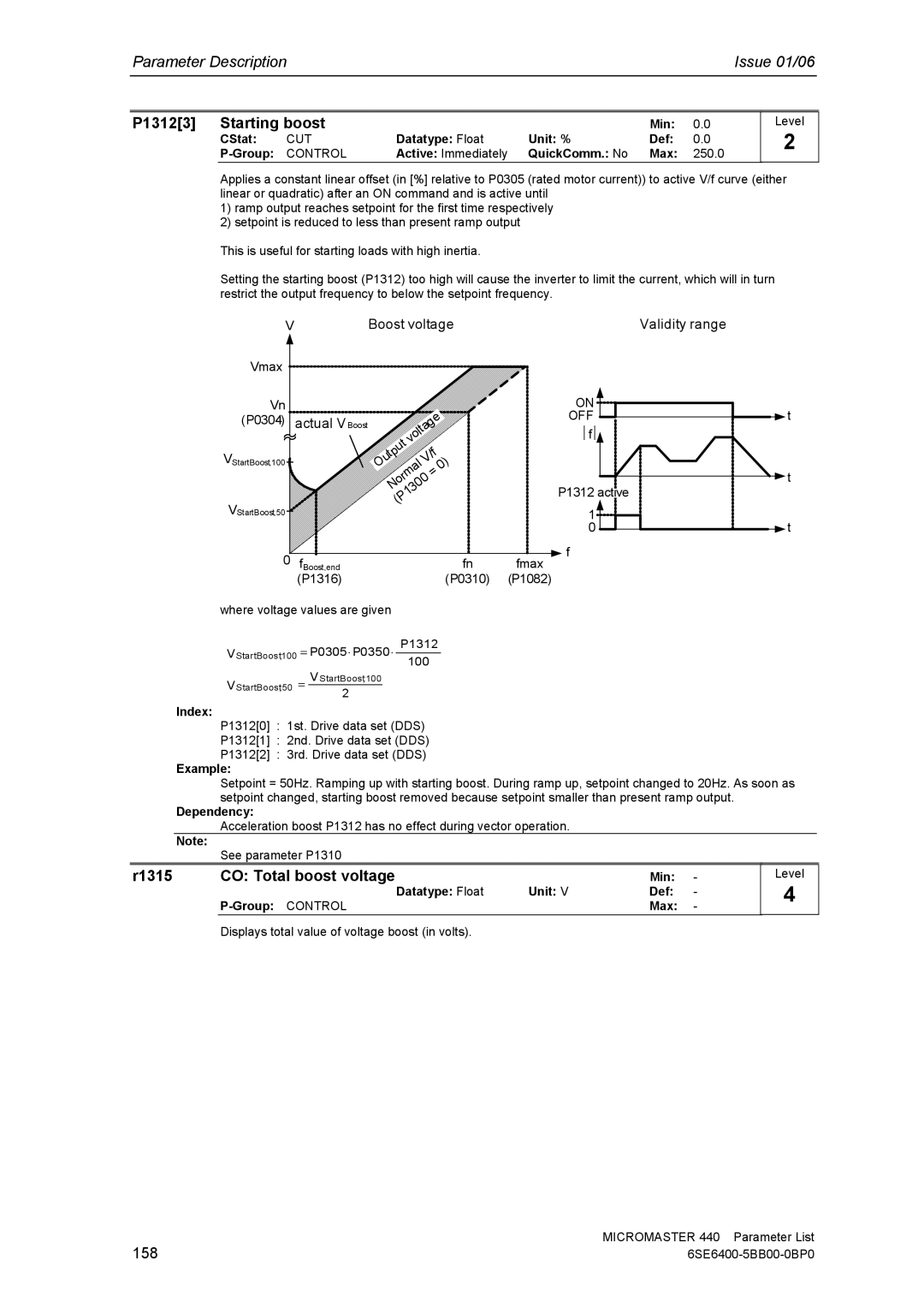 Siemens 440 manual P13123 Starting boost, R1315 CO Total boost voltage, 158 