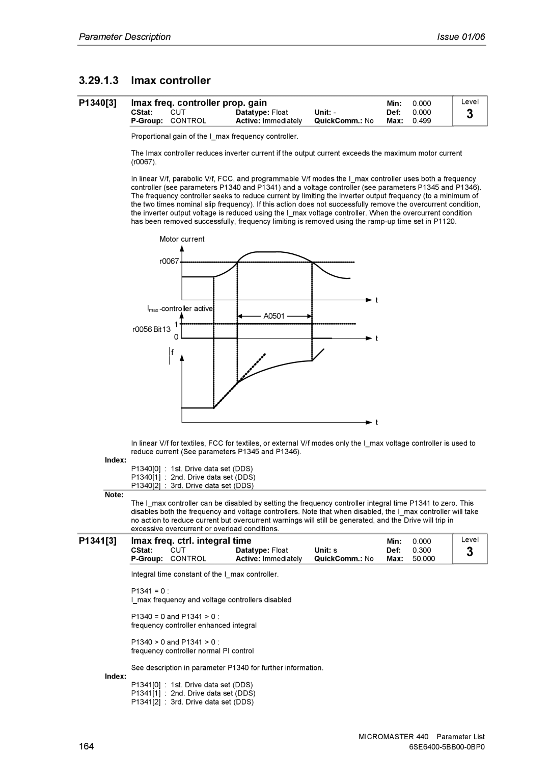 Siemens 440 P13403 Imax freq. controller prop. gain, P13413 Imax freq. ctrl. integral time, 164, Datatype Float Unit s Def 