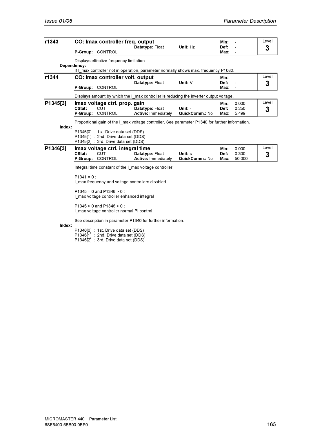 Siemens 440 manual R1343 CO Imax controller freq. output, R1344 CO Imax controller volt. output, 165 