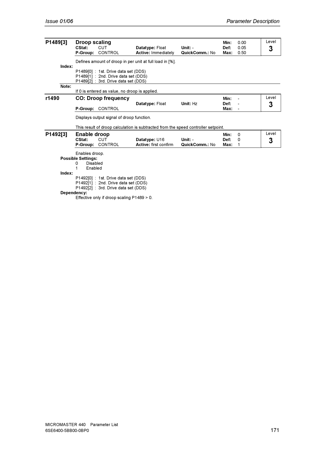 Siemens 440 manual P14893 Droop scaling, R1490 CO Droop frequency, P14923 Enable droop, 171 