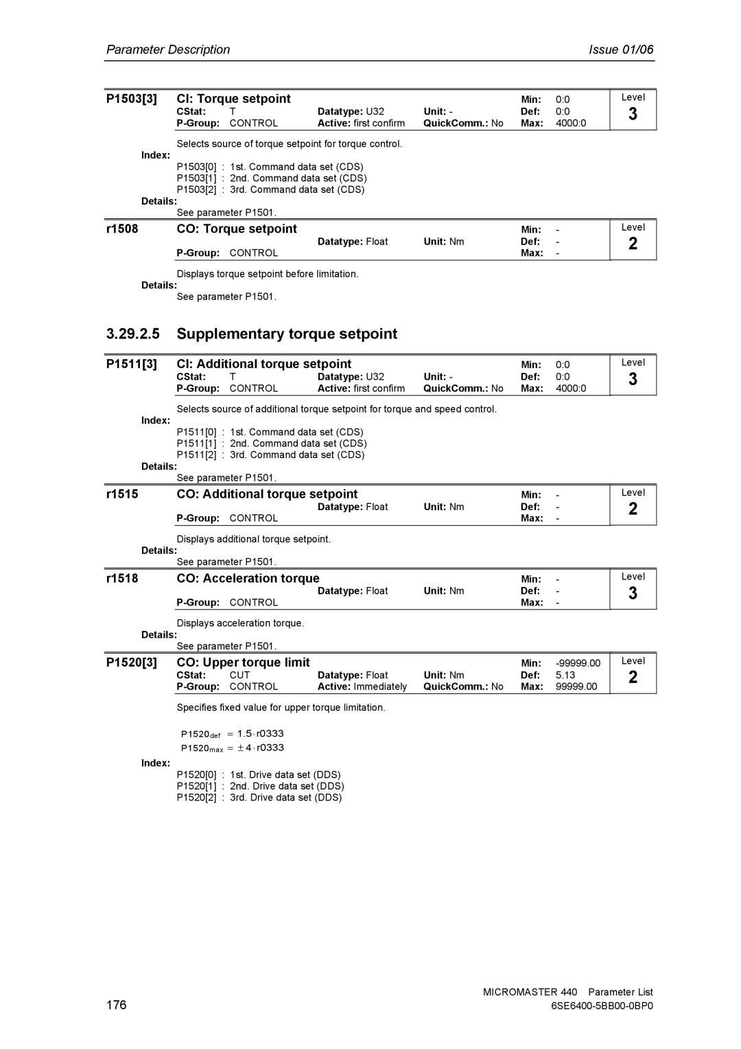 Siemens 440 manual P15033 CI Torque setpoint, R1508 CO Torque setpoint, P15113 CI Additional torque setpoint 