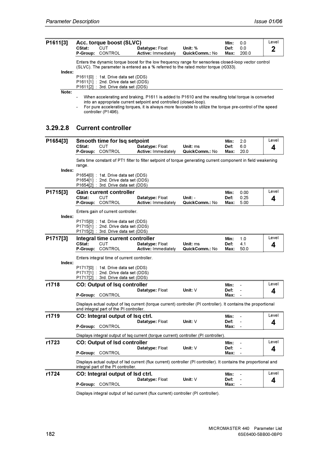 Siemens 440 manual P16113 Acc. torque boost Slvc, P16543 Smooth time for Isq setpoint, P17153 Gain current controller 