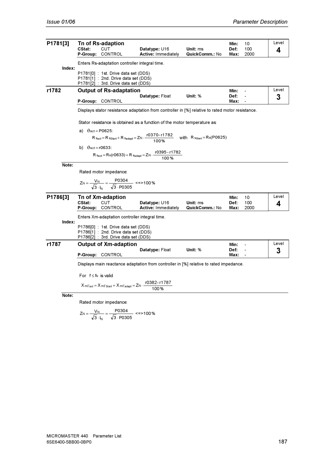 Siemens 440 P17813 Tn of Rs-adaption, R1782 Output of Rs-adaptation, P17863 Tn of Xm-adaption, R1787 Output of Xm-adaption 