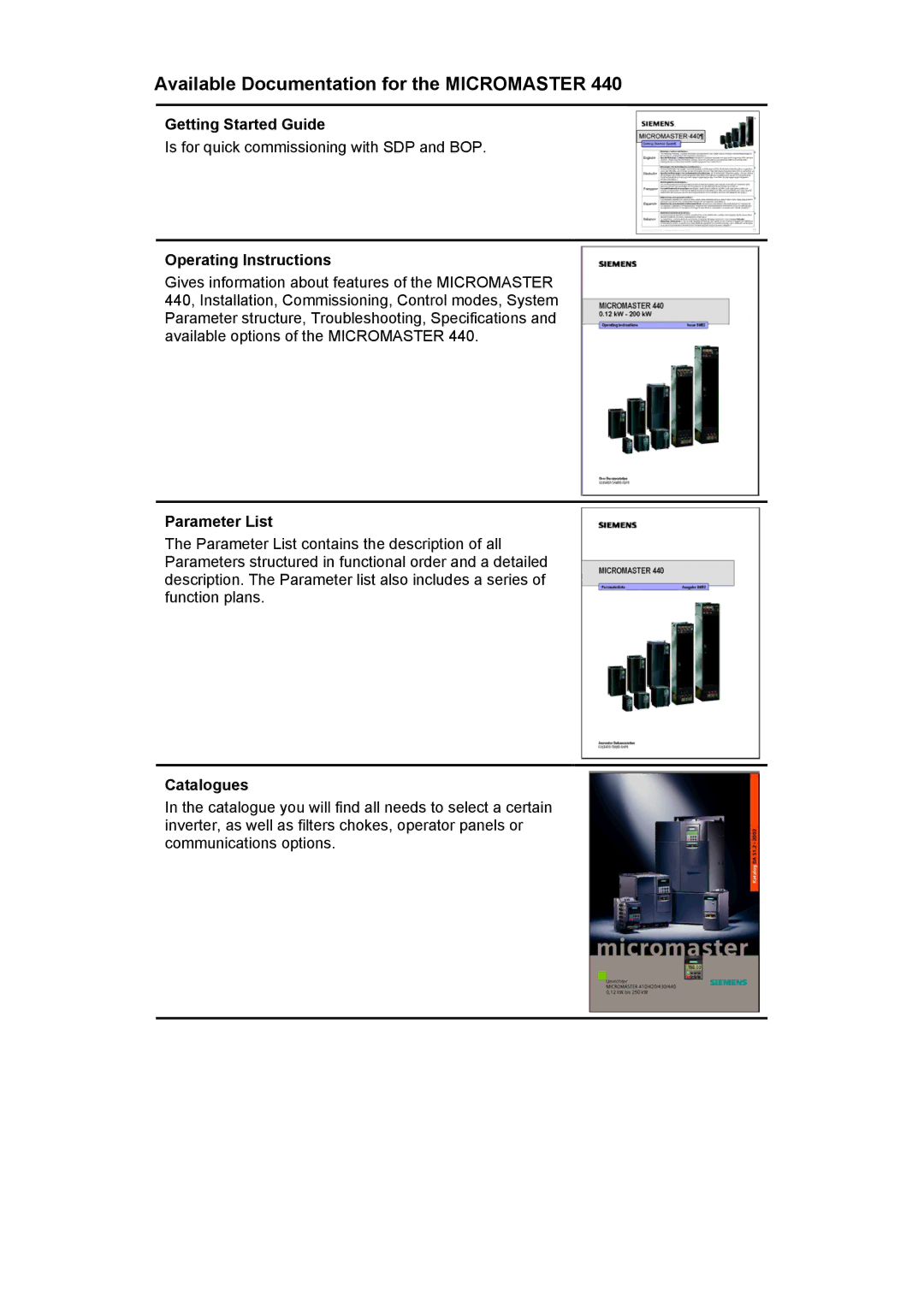 Siemens 440 Getting Started Guide, Is for quick commissioning with SDP and BOP, Operating Instructions, Parameter List 