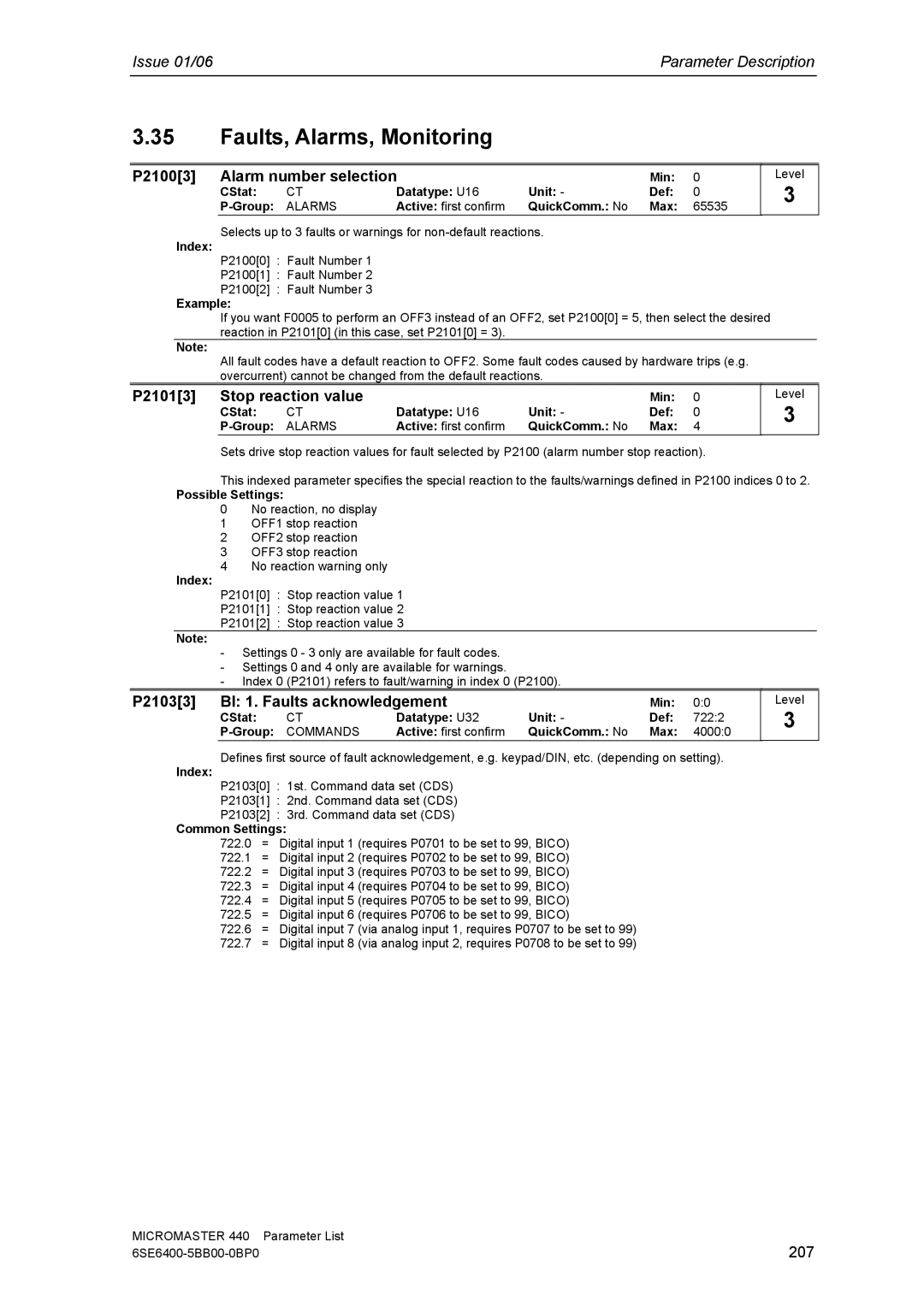 Siemens 440 manual Faults, Alarms, Monitoring, P21003 Alarm number selection, P21013 Stop reaction value, 207 