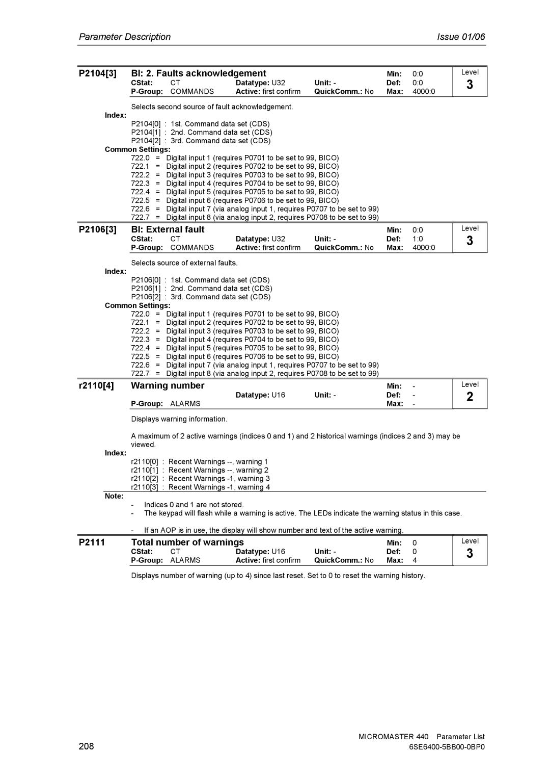 Siemens 440 P21043 BI 2. Faults acknowledgement, P21063 BI External fault, R21104, P2111 Total number of warnings, 208 