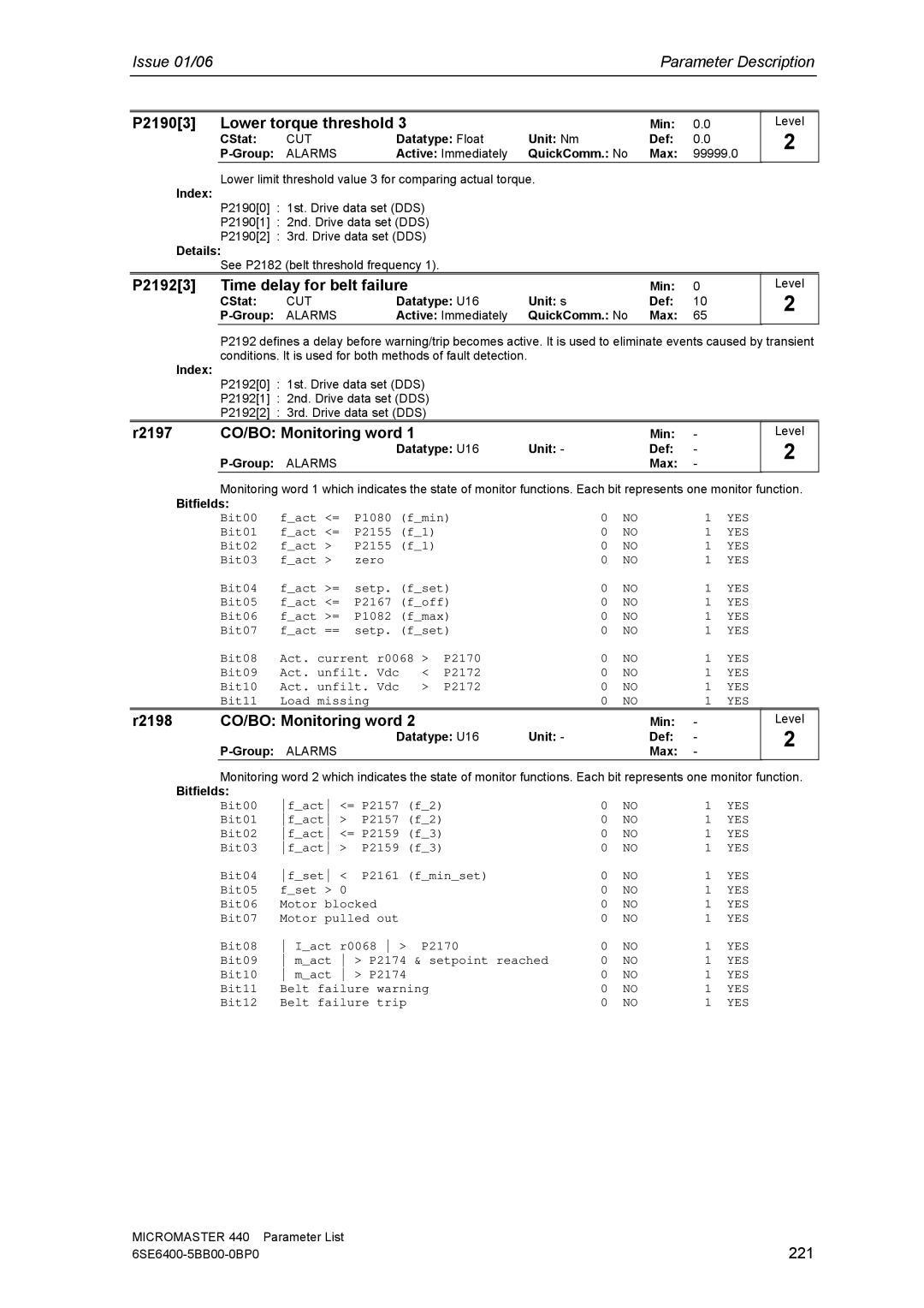 Siemens 440 manual P21903 Lower torque threshold, P21923 Time delay for belt failure, R2197 CO/BO Monitoring word, 221 