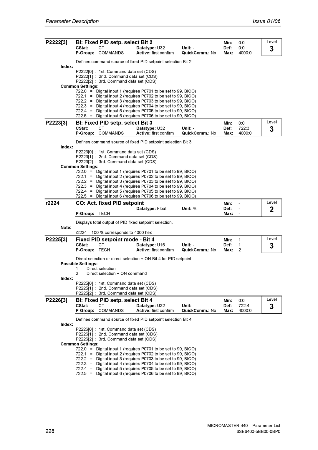 Siemens 440 P22223 BI Fixed PID setp. select Bit, P22233 BI Fixed PID setp. select Bit, R2224 CO Act. fixed PID setpoint 