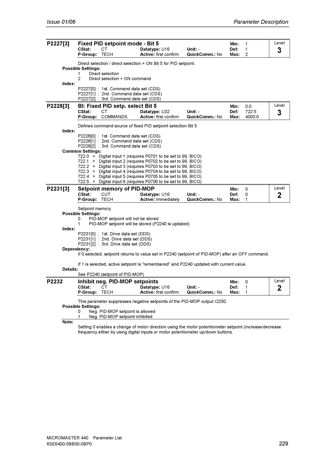 Siemens 440 P22273 Fixed PID setpoint mode Bit, P22283 BI Fixed PID setp. select Bit, P22313 Setpoint memory of PID-MOP 