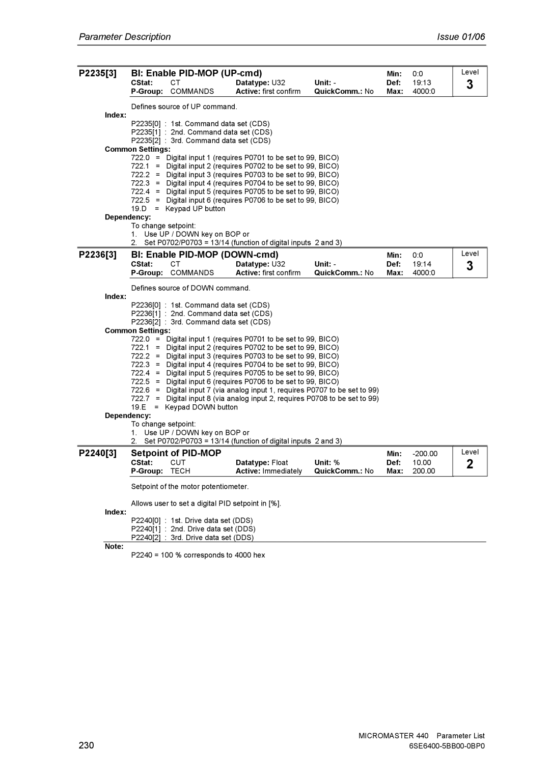 Siemens 440 manual P22353 BI Enable PID-MOP UP-cmd, P22363 BI Enable PID-MOP DOWN-cmd, P22403 Setpoint of PID-MOP, 230 