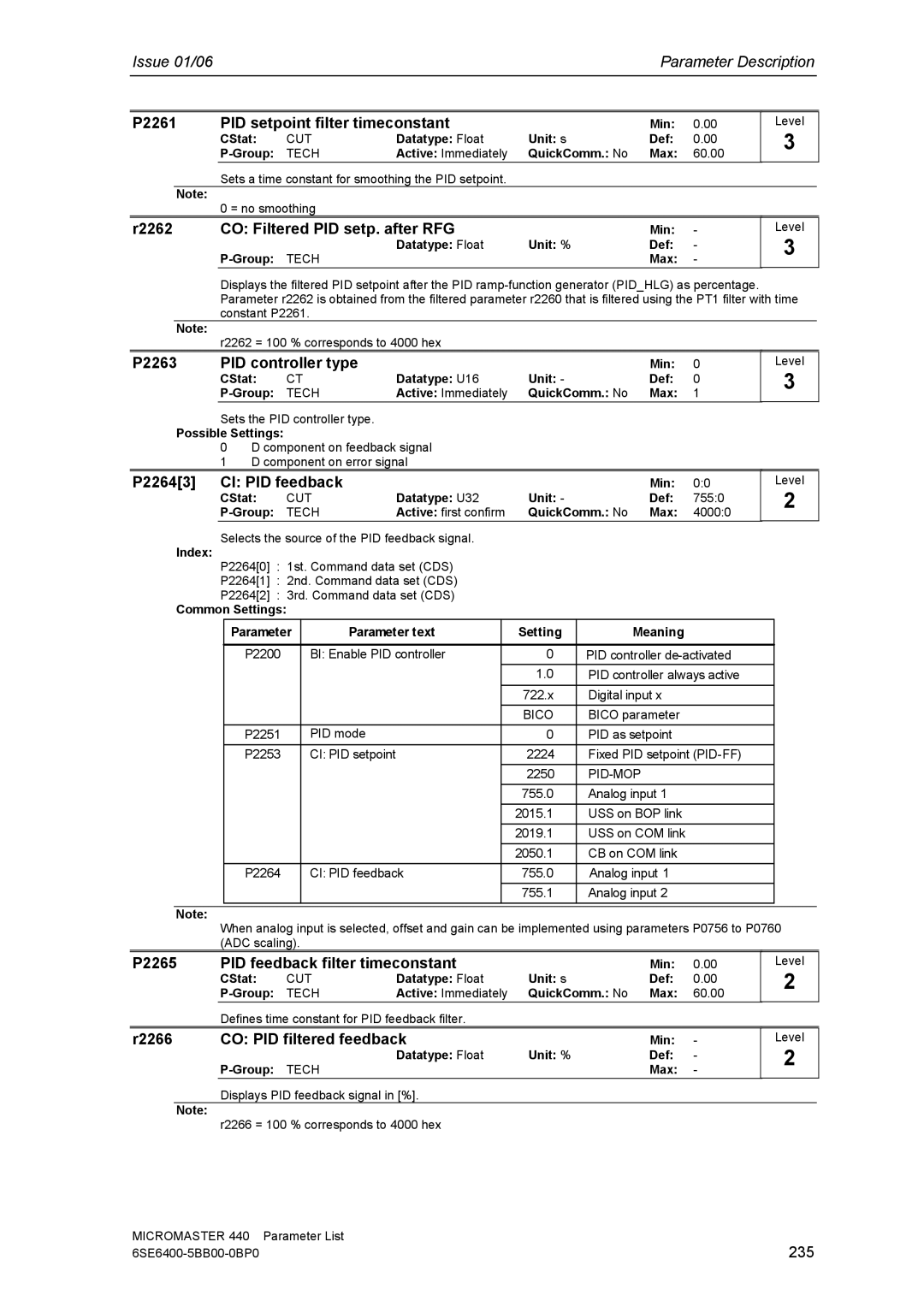 Siemens 440 manual P2261 PID setpoint filter timeconstant, R2262 CO Filtered PID setp. after RFG, P2263 PID controller type 