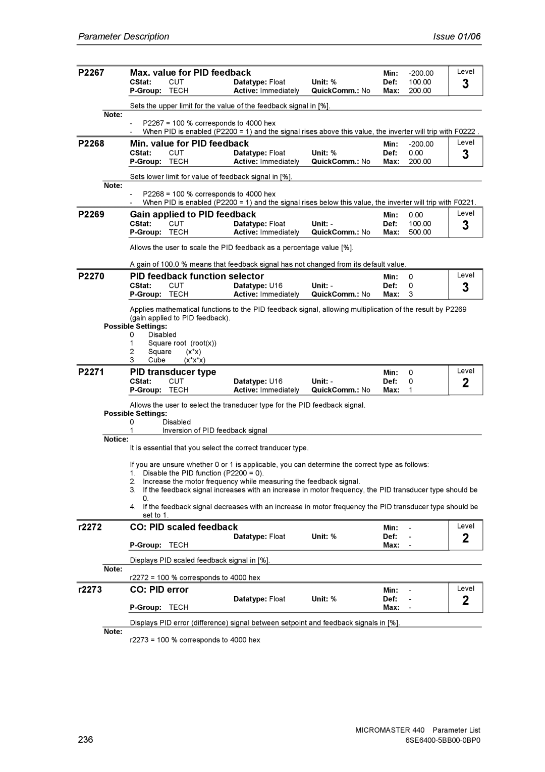 Siemens 440 manual P2267 Max. value for PID feedback, P2268 Min. value for PID feedback, P2269 Gain applied to PID feedback 