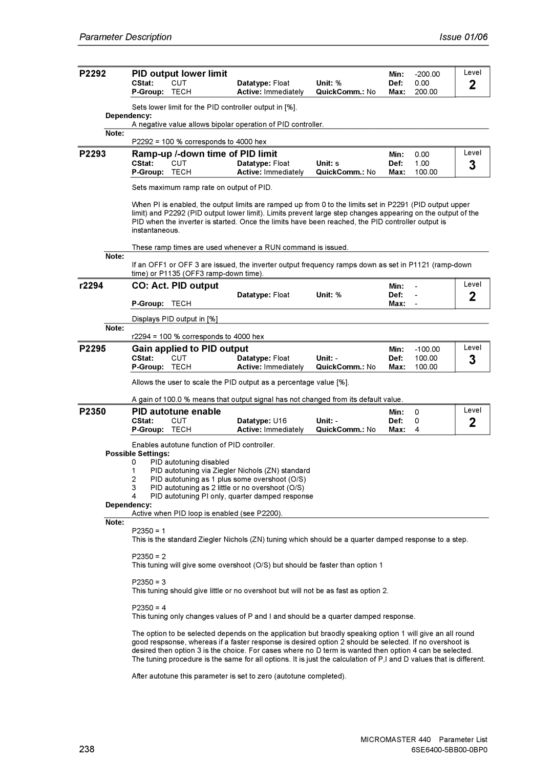 Siemens 440 manual P2292 PID output lower limit, P2293 Ramp-up /-down time of PID limit, R2294 CO Act. PID output 