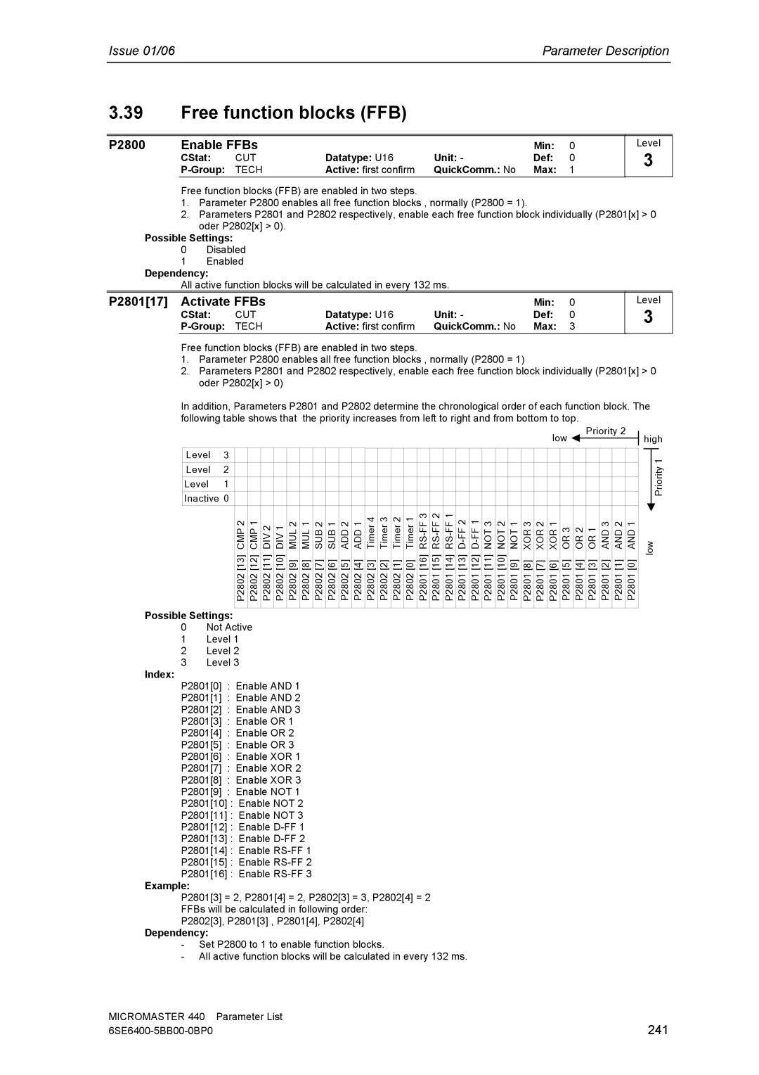 Siemens 440 manual Free function blocks FFB, P2800 Enable FFBs, P280117 Activate FFBs, 241 