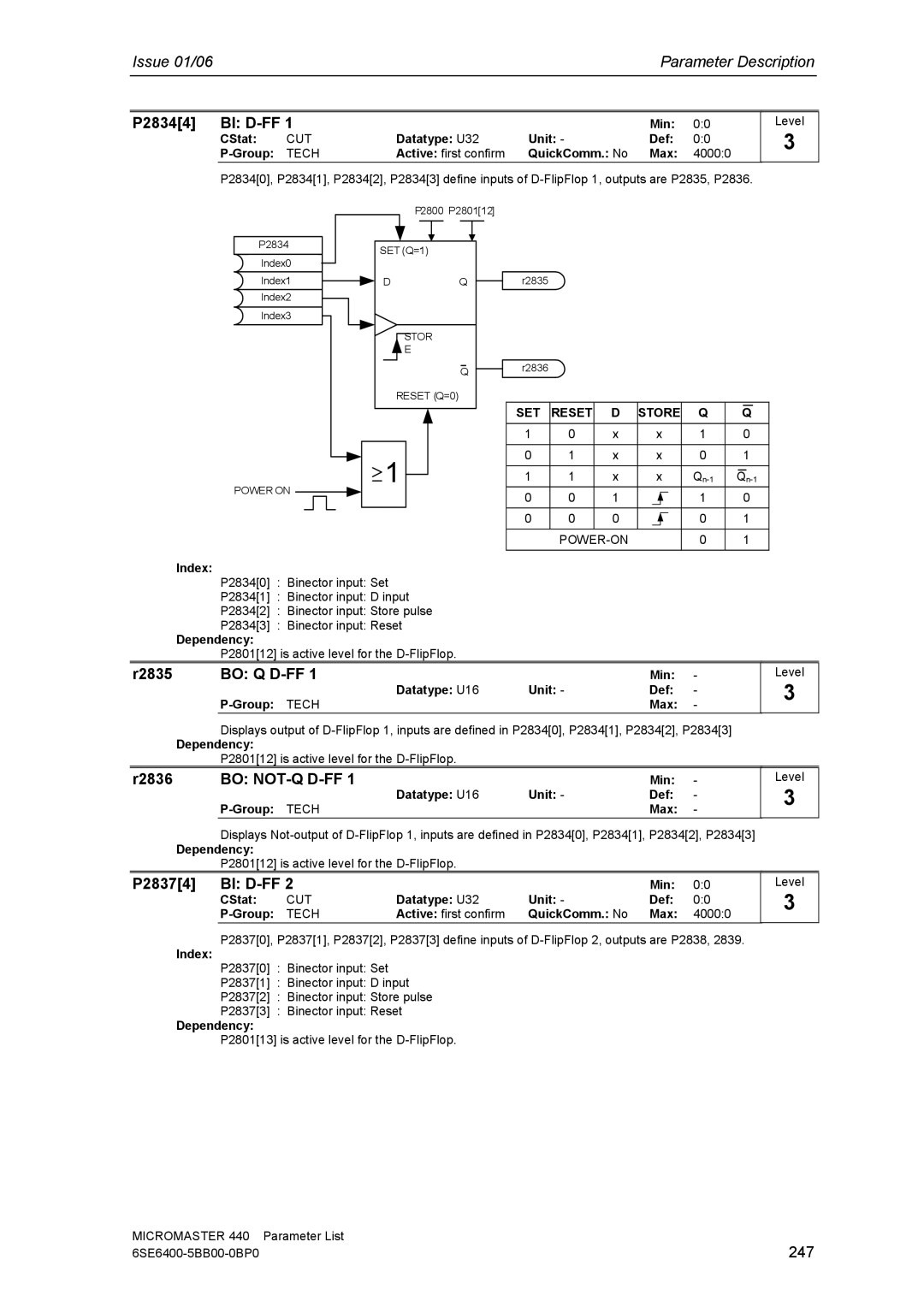 Siemens 440 manual P28344 BI D-FF, R2835 BO Q D-FF, R2836, P28374 BI D-FF, 247 