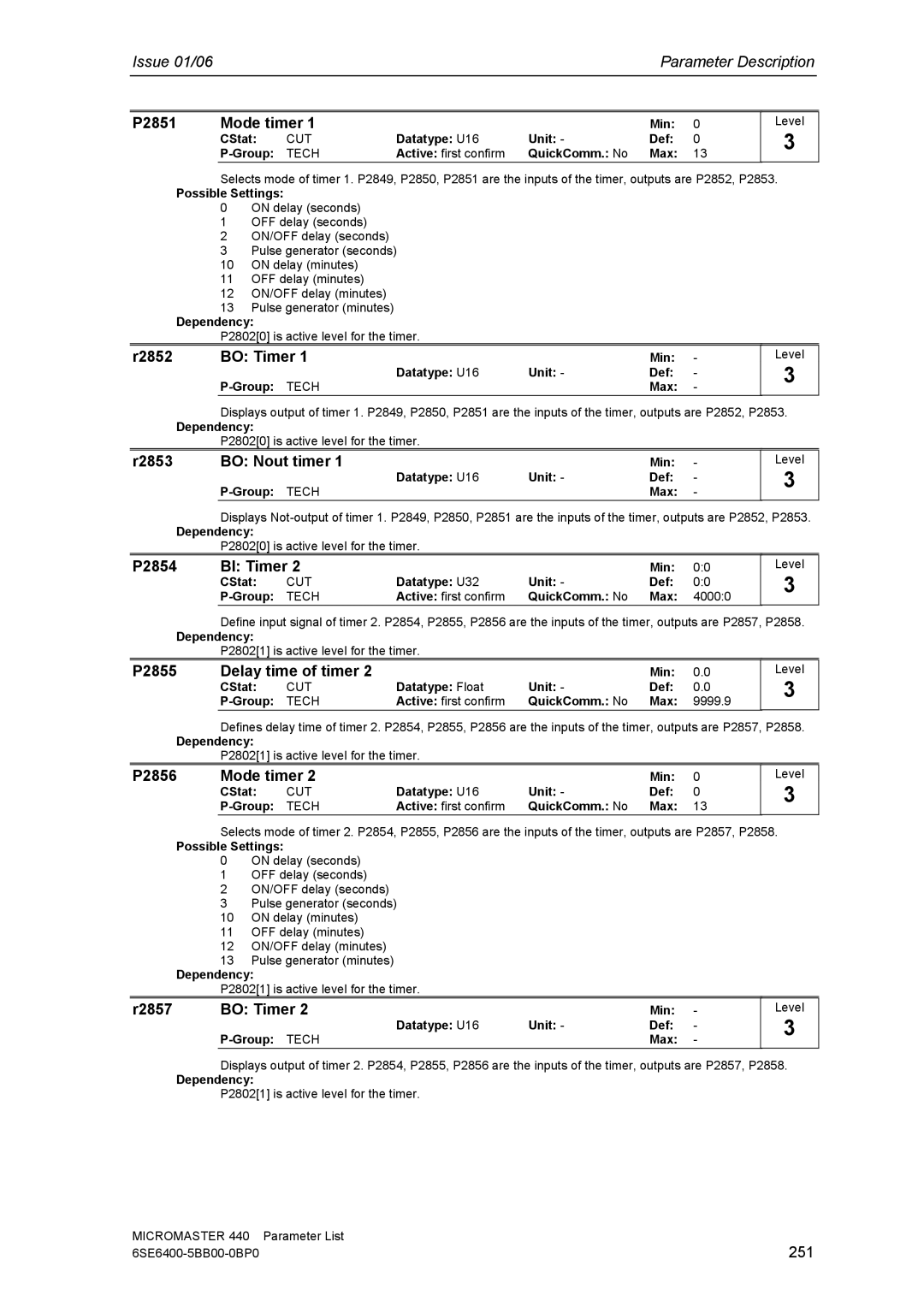Siemens 440 manual P2851 Mode timer, R2852 BO Timer, R2853 BO Nout timer, P2854 BI Timer, P2855 Delay time of timer 