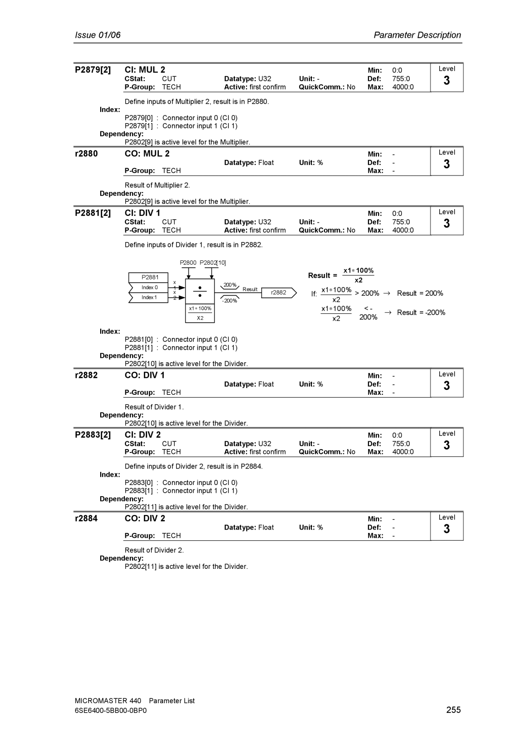 Siemens 440 manual P28792 CI MUL, R2880, P28812 CI DIV, R2882, P28832 CI DIV, R2884 