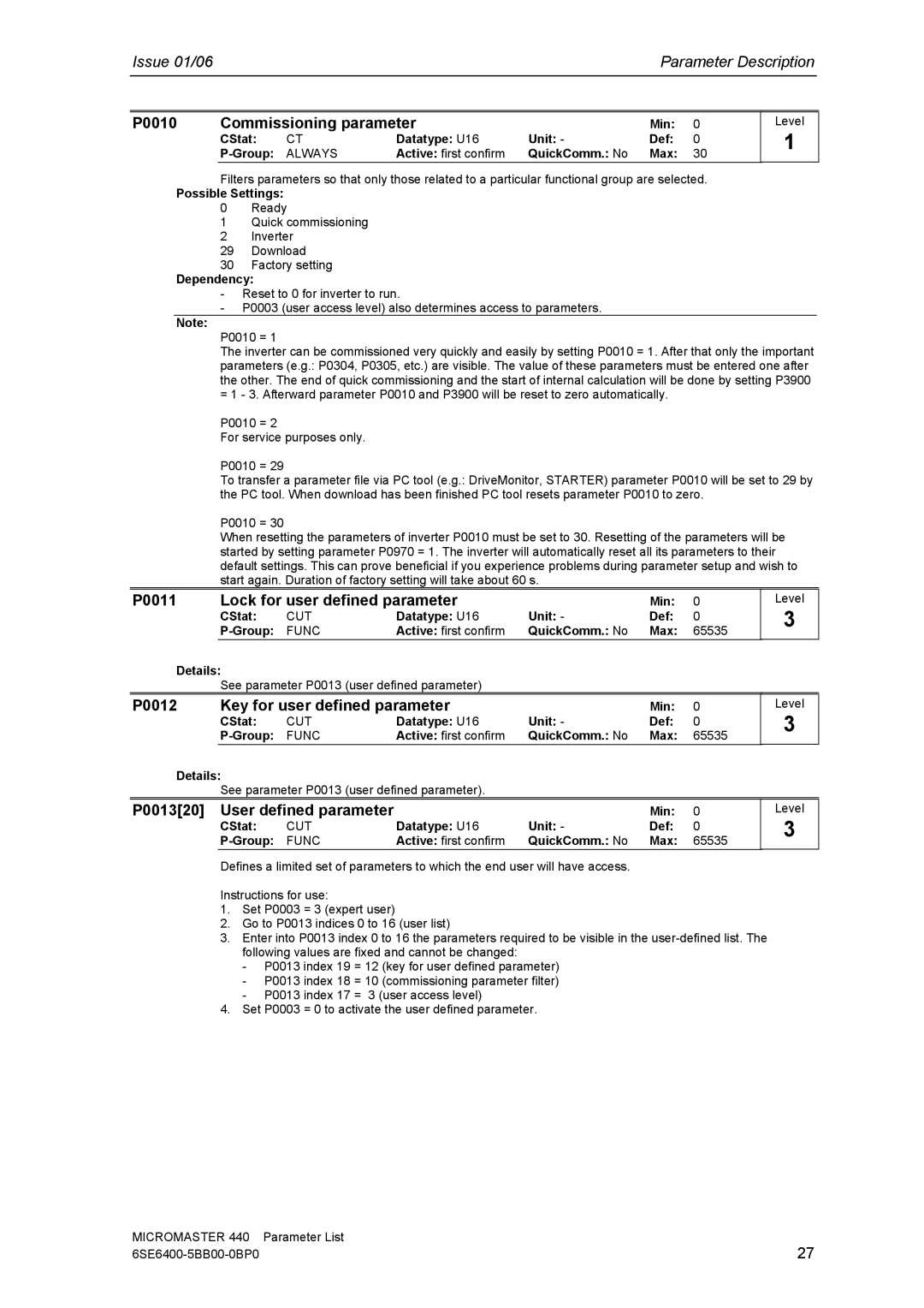 Siemens 440 P0010 Commissioning parameter, P0011 Lock for user defined parameter, P0012 Key for user defined parameter 