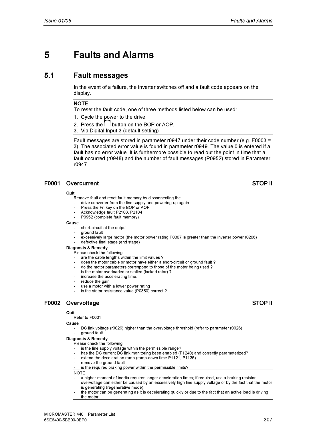 Siemens 440 manual Fault messages, F0001 Overcurrent, F0002 Overvoltage, 307 