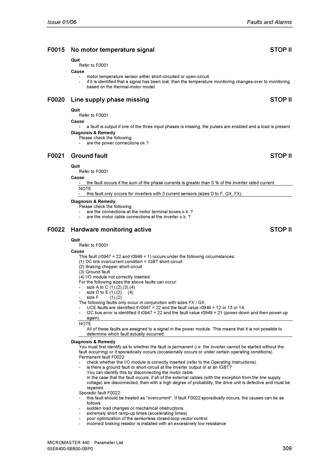 Siemens 440 manual F0015 No motor temperature signal, F0020 Line supply phase missing, F0021 Ground fault, 309 