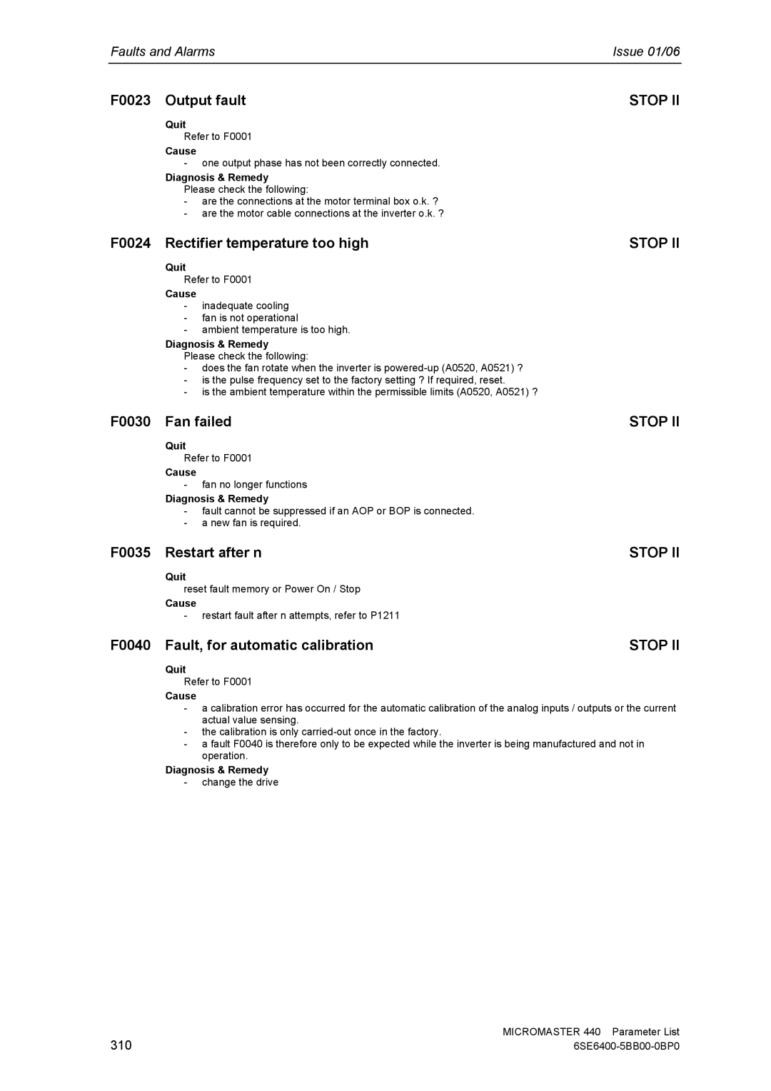 Siemens 440 manual F0024 Rectifier temperature too high, F0030 Fan failed, F0035 Restart after n, 310 