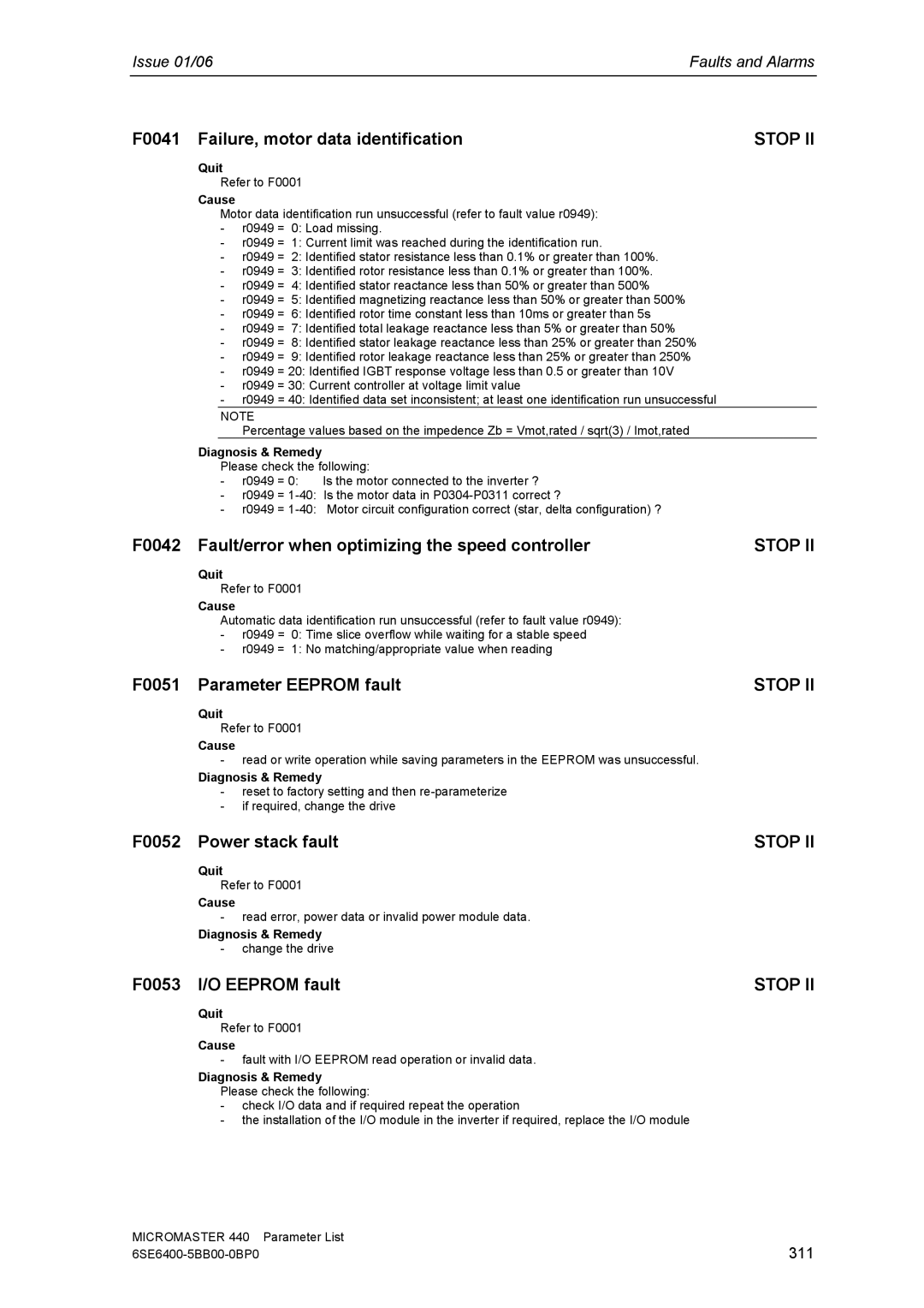 Siemens 440 manual F0041 Failure, motor data identification, F0042 Fault/error when optimizing the speed controller 