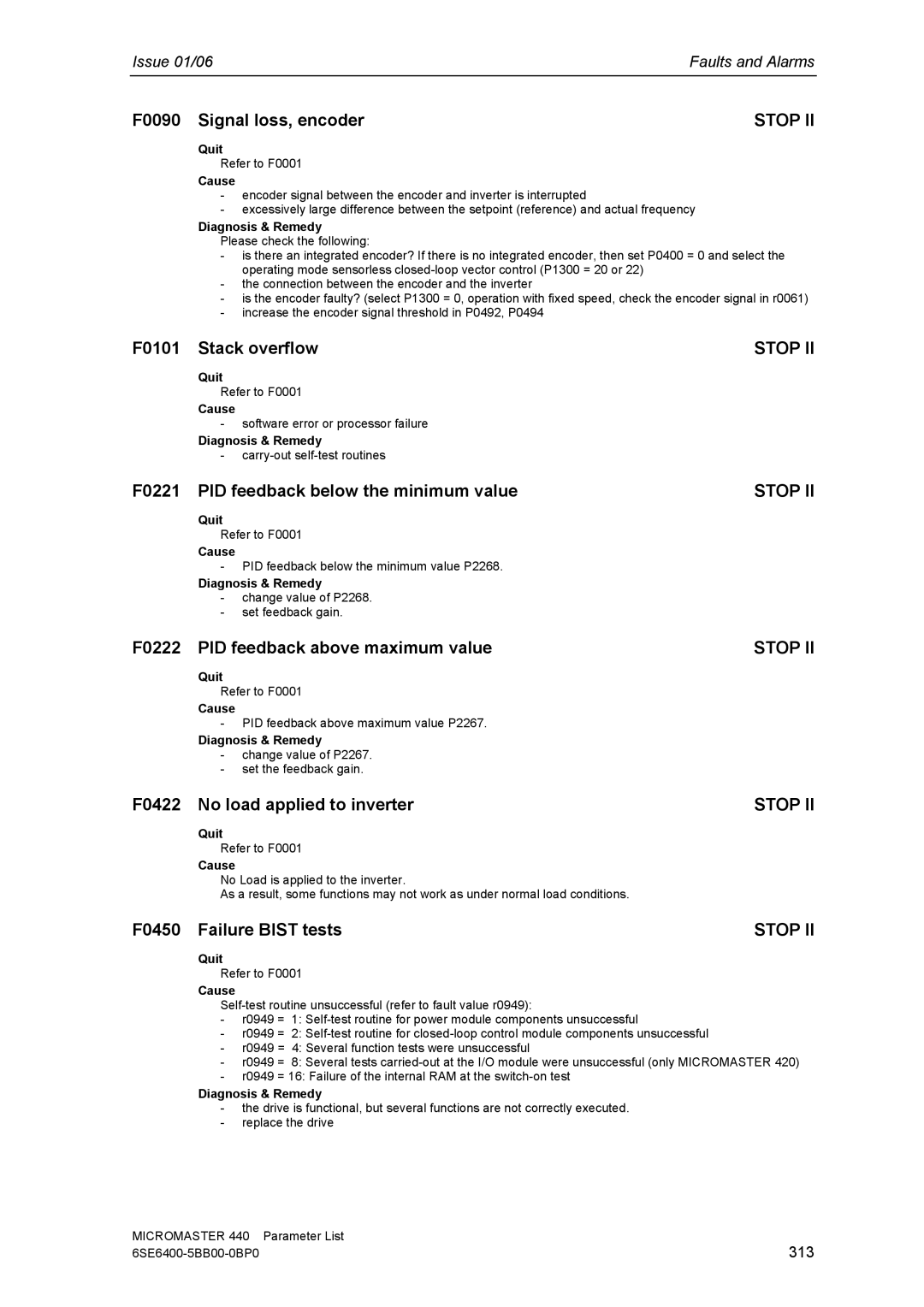 Siemens 440 manual F0101 Stack overflow, F0221 PID feedback below the minimum value, F0222 PID feedback above maximum value 