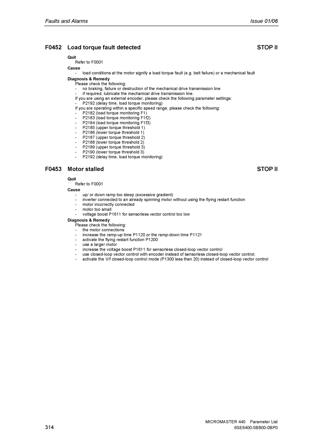 Siemens 440 manual F0452 Load torque fault detected, F0453 Motor stalled, 314 