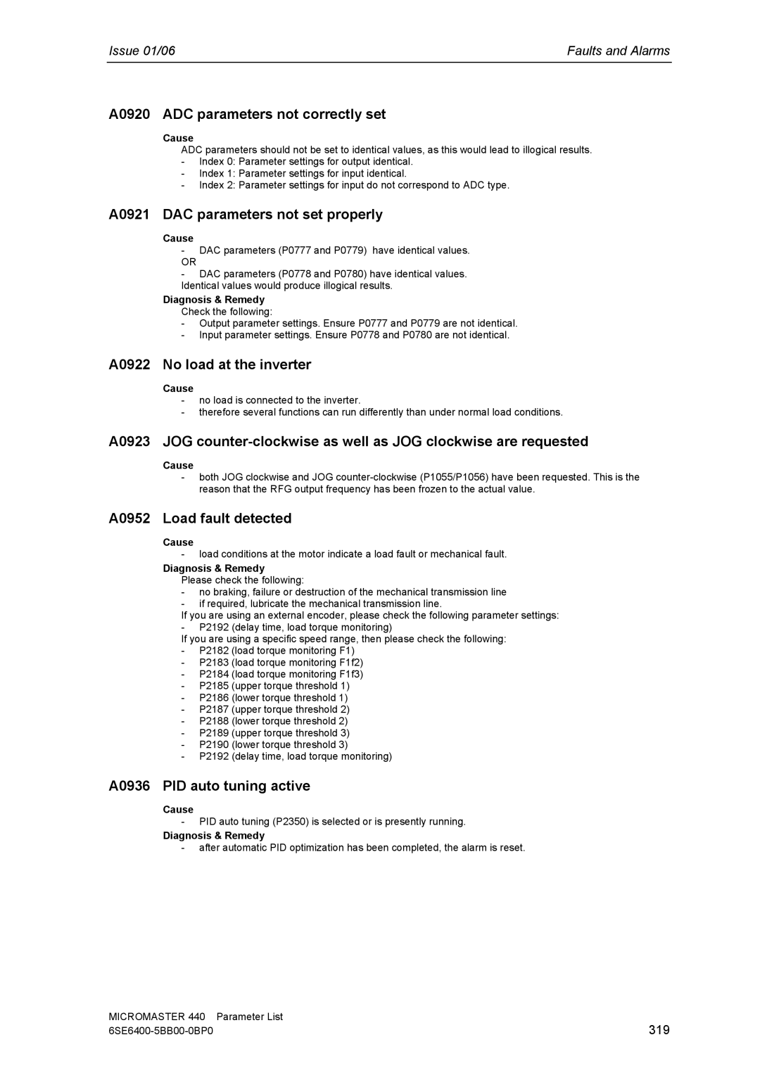 Siemens 440 A0920 ADC parameters not correctly set, A0921 DAC parameters not set properly, A0922 No load at the inverter 