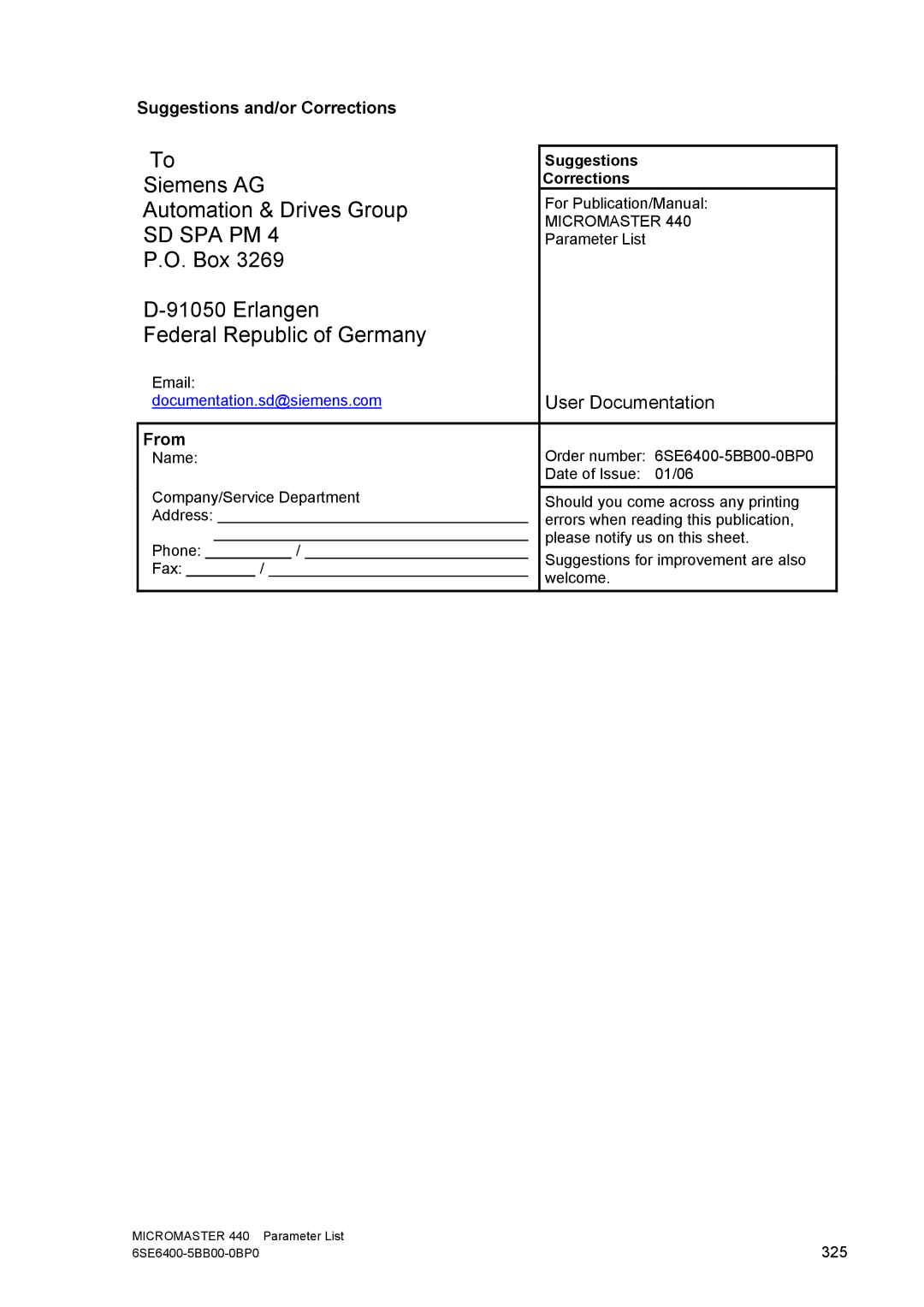 Siemens 440 manual Suggestions and/or Corrections, From 