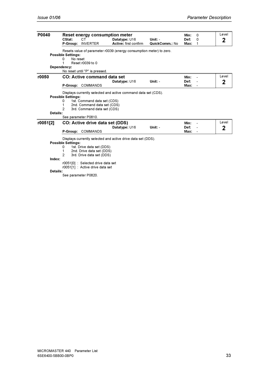 Siemens 440 P0040 Reset energy consumption meter, R0050 CO Active command data set, R00512 CO Active drive data set DDS 