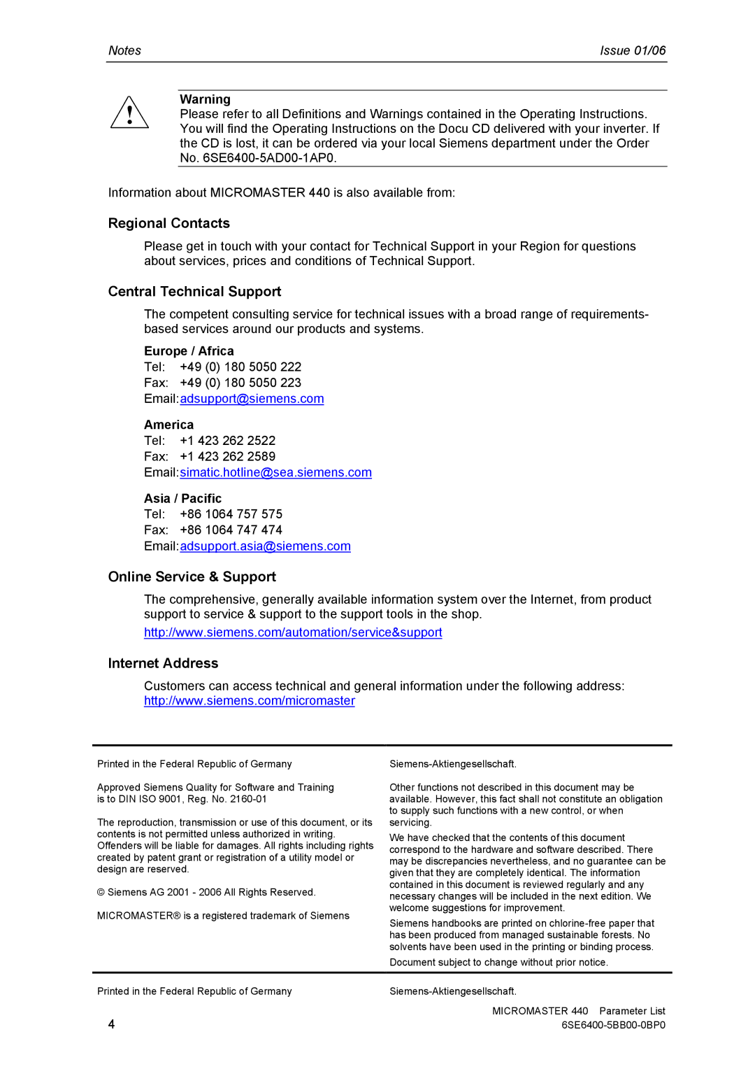 Siemens 440 manual Regional Contacts, Central Technical Support, Online Service & Support, Internet Address 