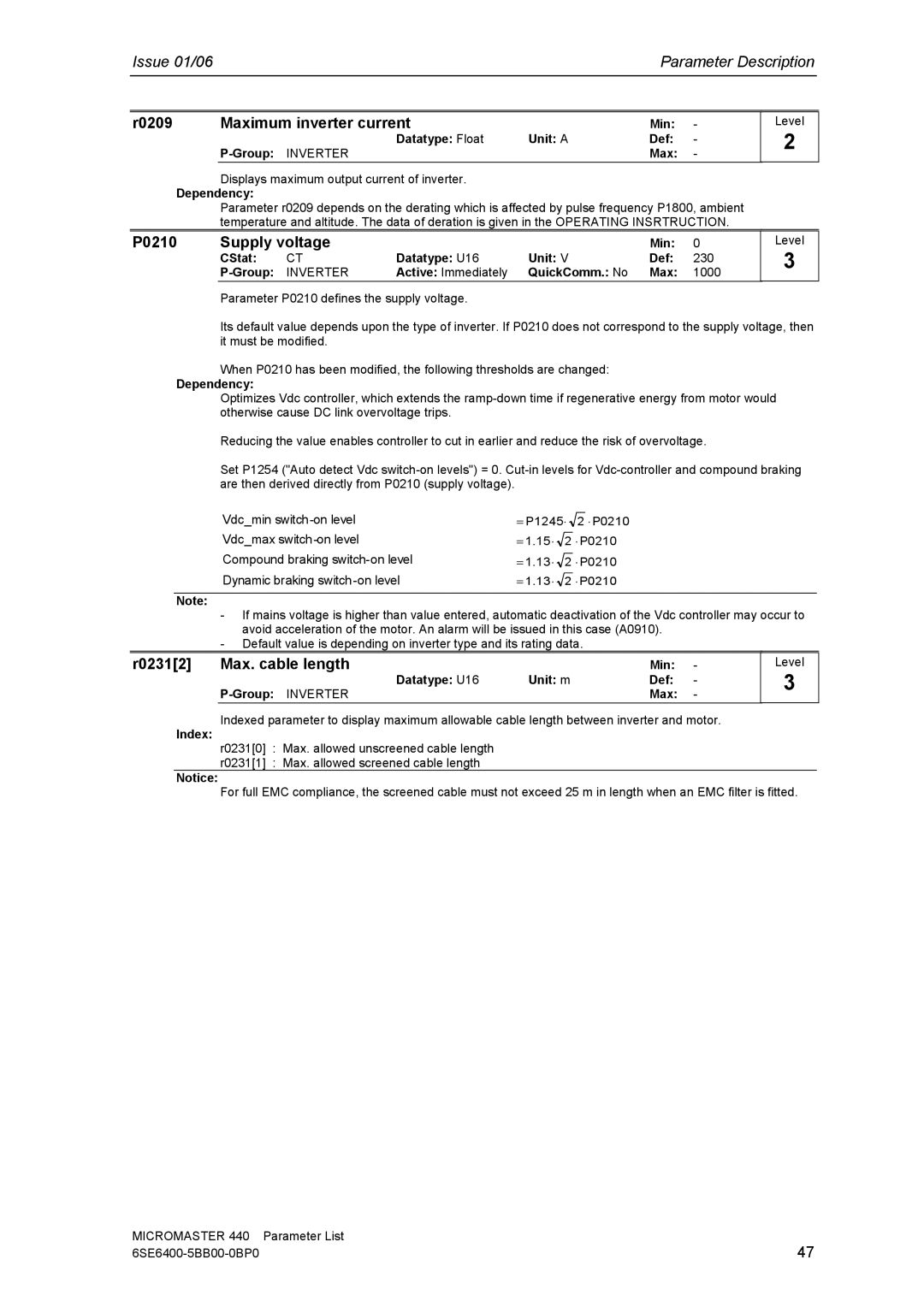 Siemens 440 manual R0209 Maximum inverter current, P0210 Supply voltage, R02312 Max. cable length 