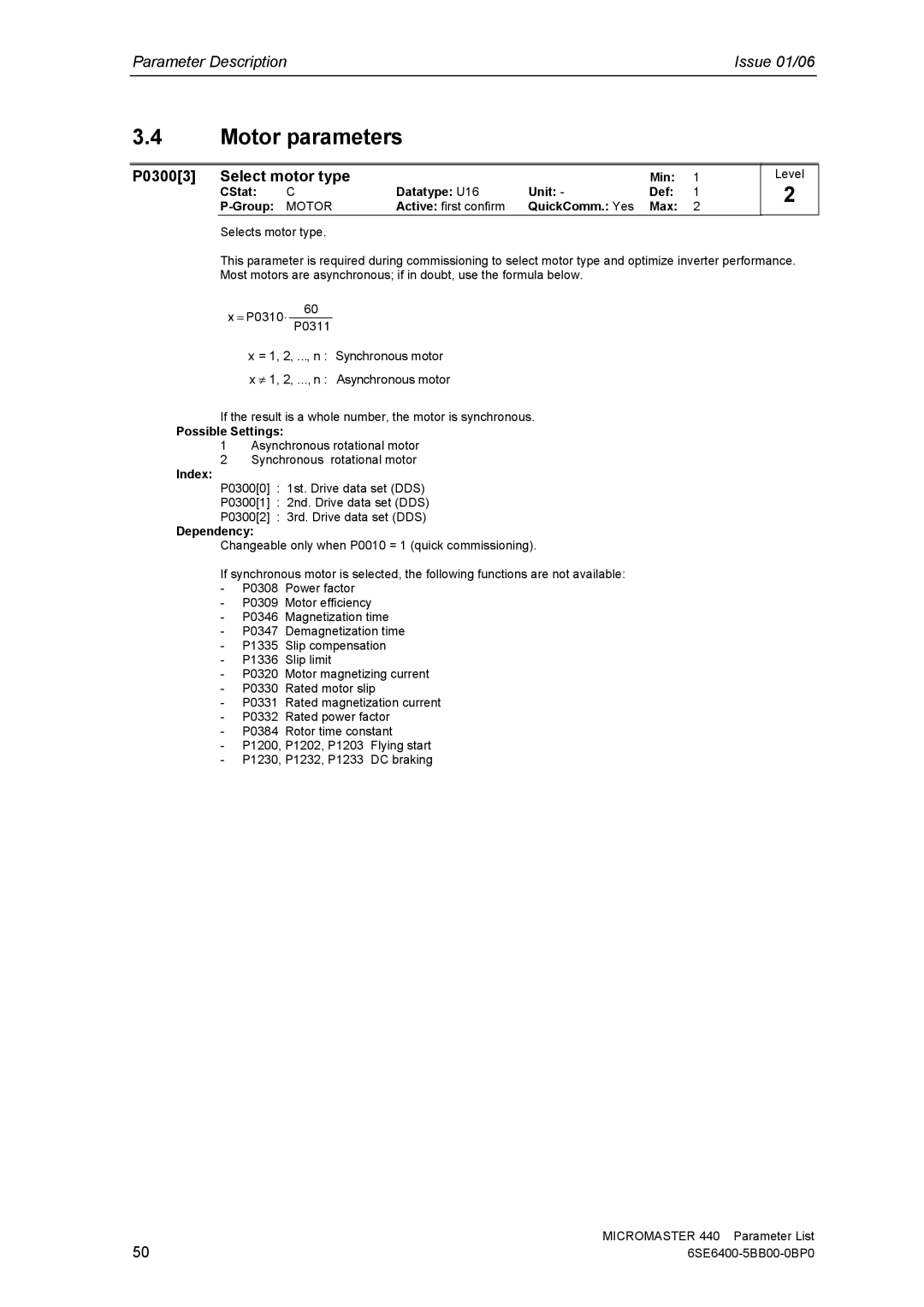 Siemens 440 manual Motor parameters, P03003 Select motor type 