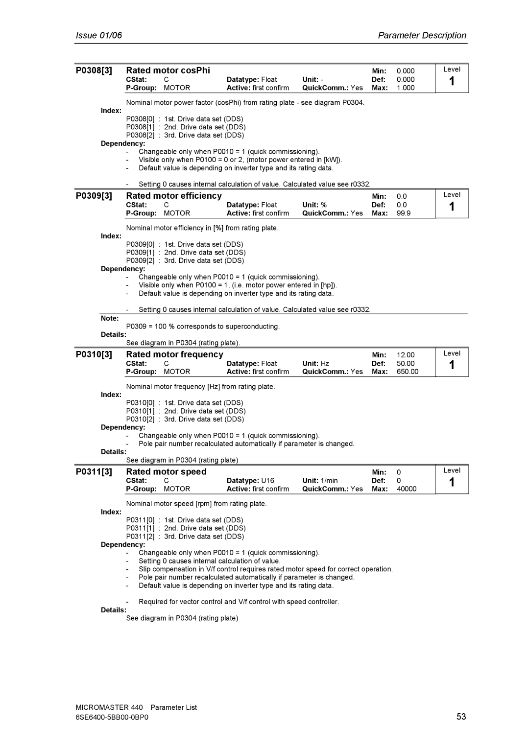 Siemens 440 manual P03083 Rated motor cosPhi, P03093 Rated motor efficiency, P03103 Rated motor frequency 