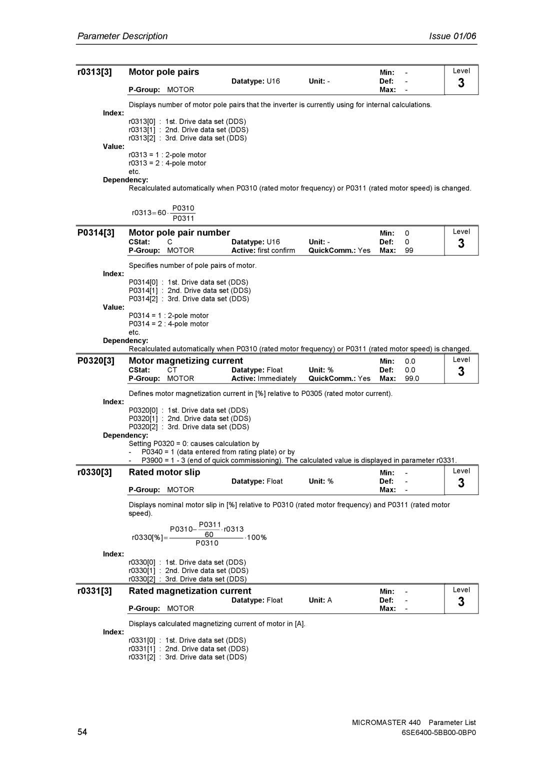 Siemens 440 manual R03133 Motor pole pairs, P03143 Motor pole pair number, P03203 Motor magnetizing current 