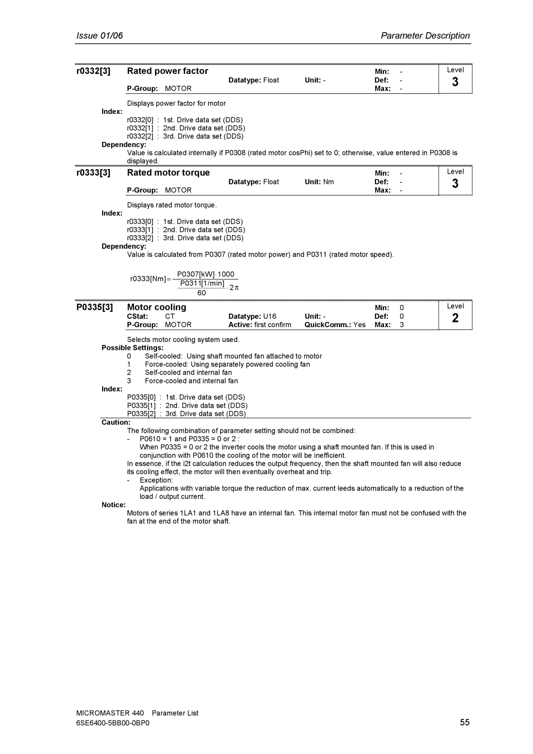 Siemens 440 manual R03323 Rated power factor, R03333 Rated motor torque, P03353 Motor cooling 