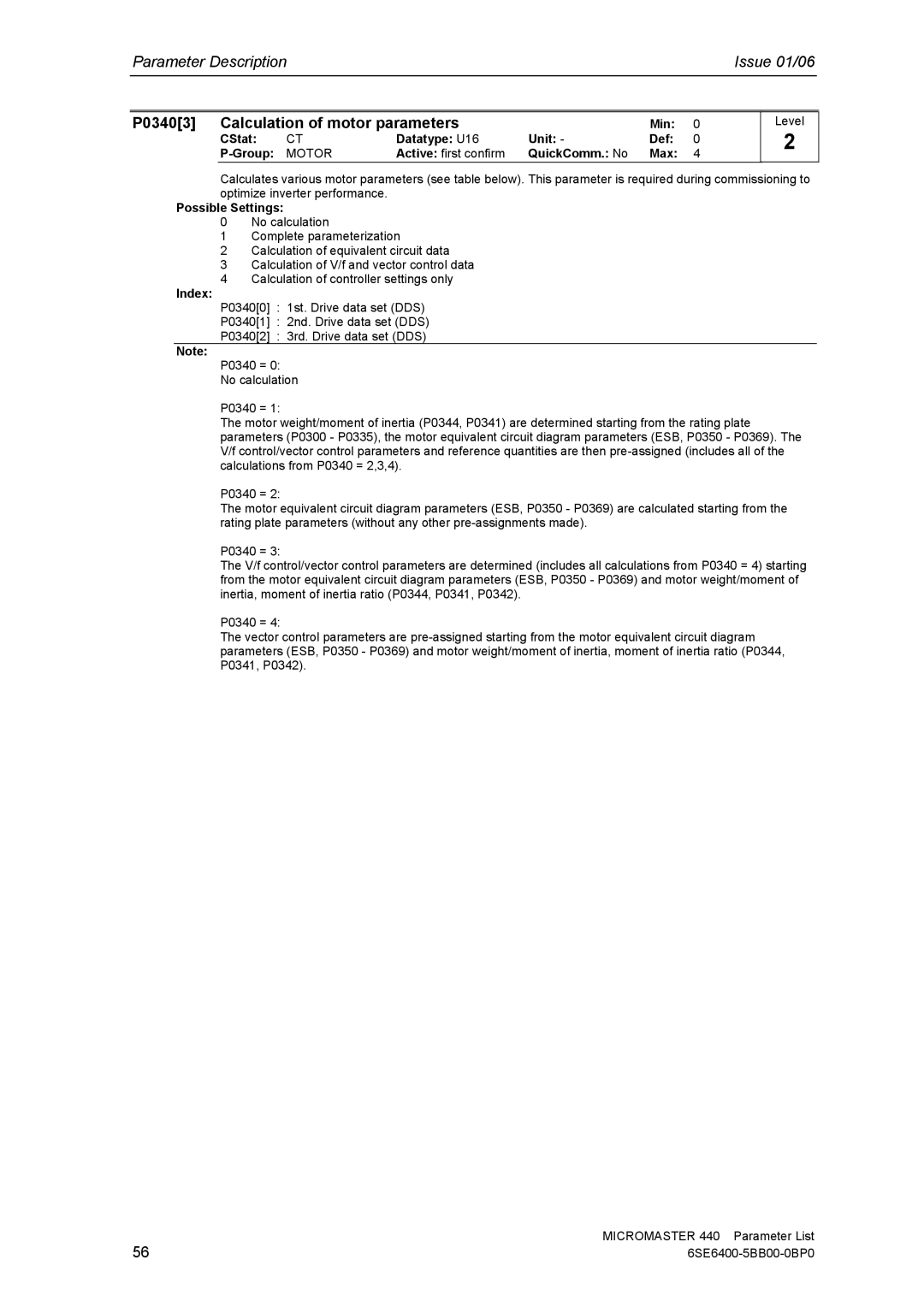 Siemens 440 manual P03403 Calculation of motor parameters, Active first confirm QuickComm. No Max 