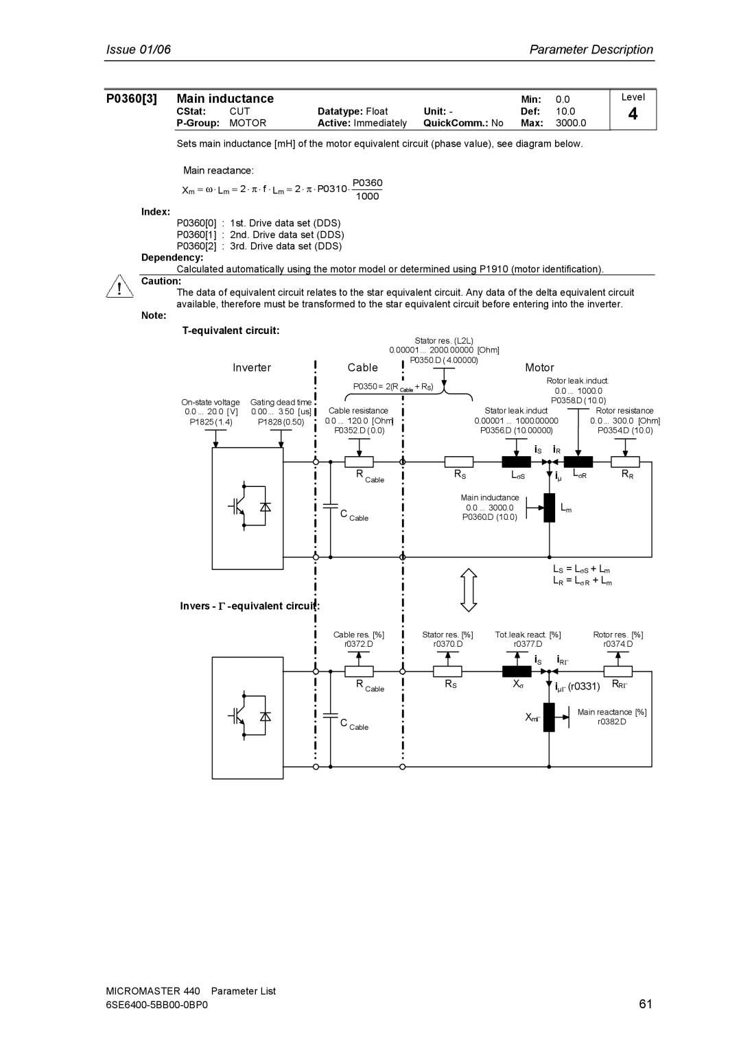 Siemens 440 manual P03603 Main inductance, Active Immediately QuickComm. No Max 3000.0, Equivalent circuit 