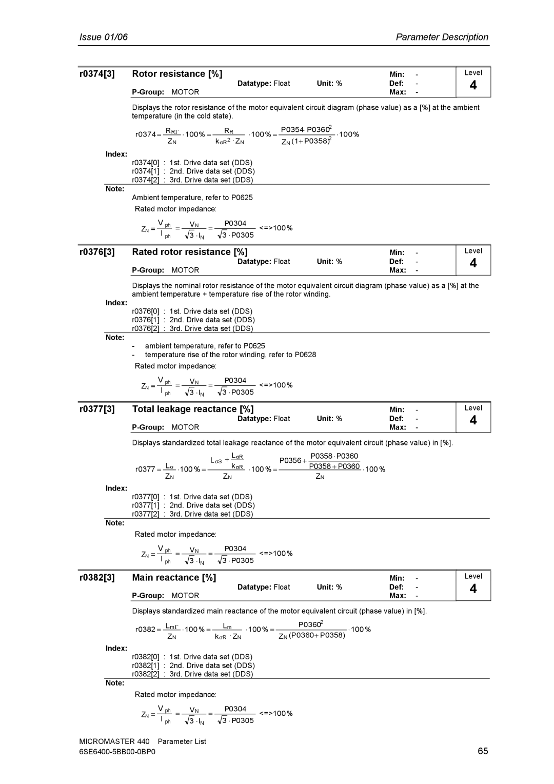 Siemens 440 manual R03743 Rotor resistance %, R03763 Rated rotor resistance %, R03773 Total leakage reactance % 