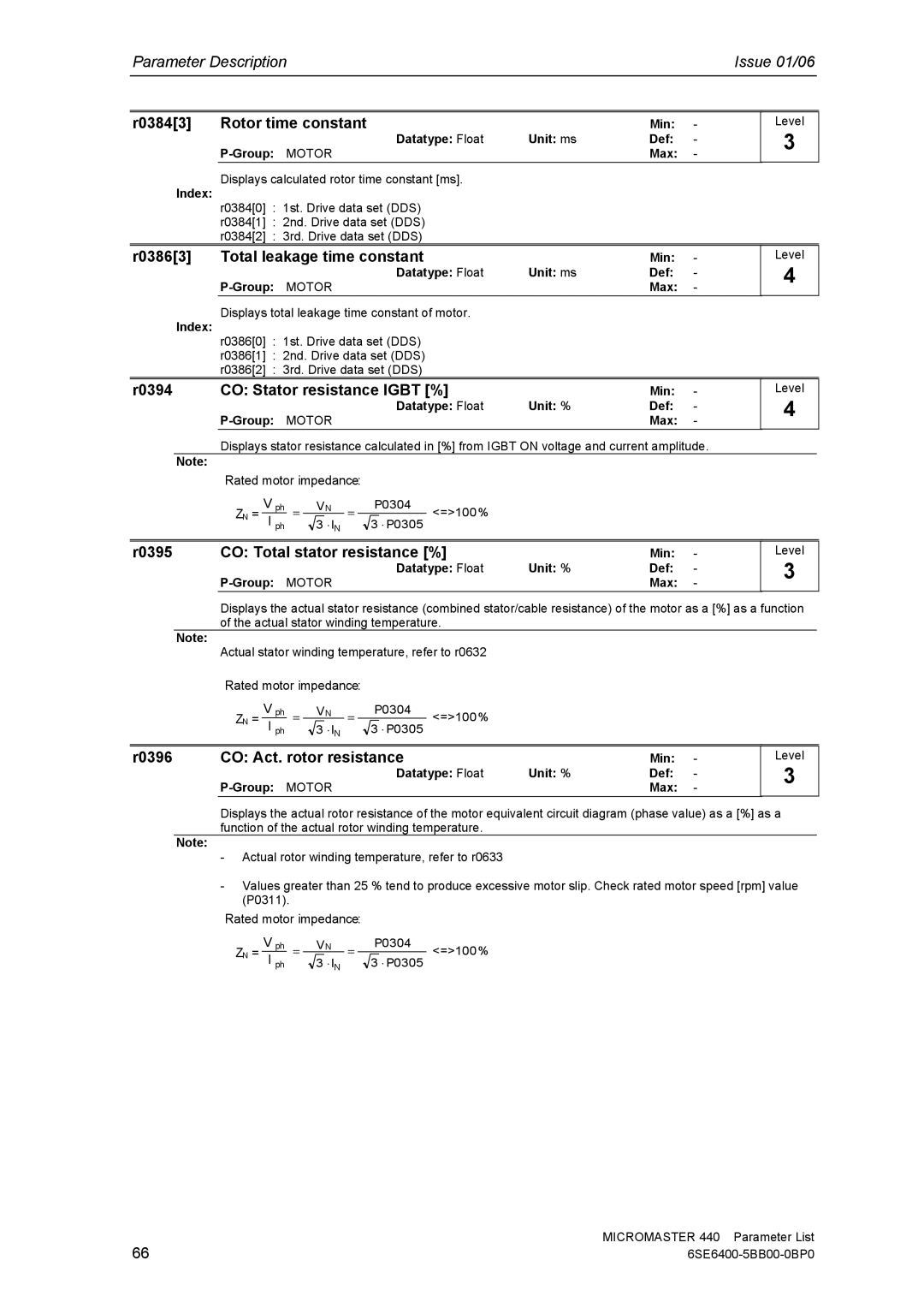 Siemens 440 manual R03843 Rotor time constant, R03863 Total leakage time constant, R0394 CO Stator resistance Igbt % 