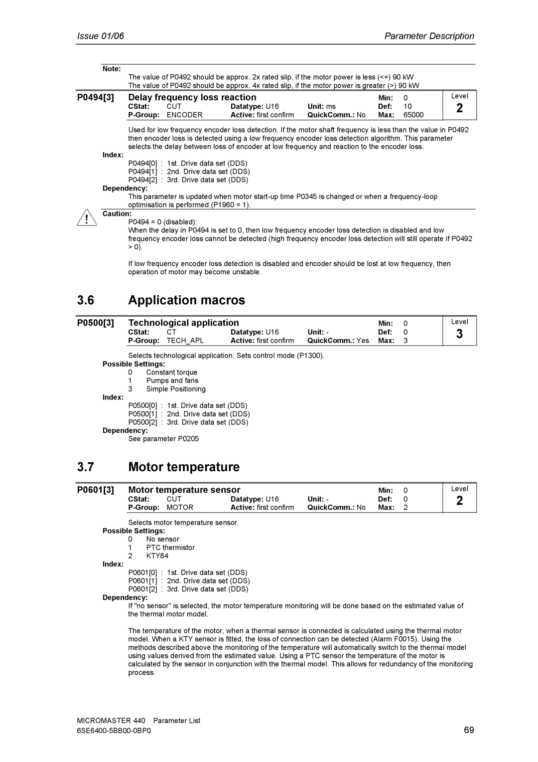 Siemens 440 Application macros, Motor temperature, P04943 Delay frequency loss reaction, P05003 Technological application 