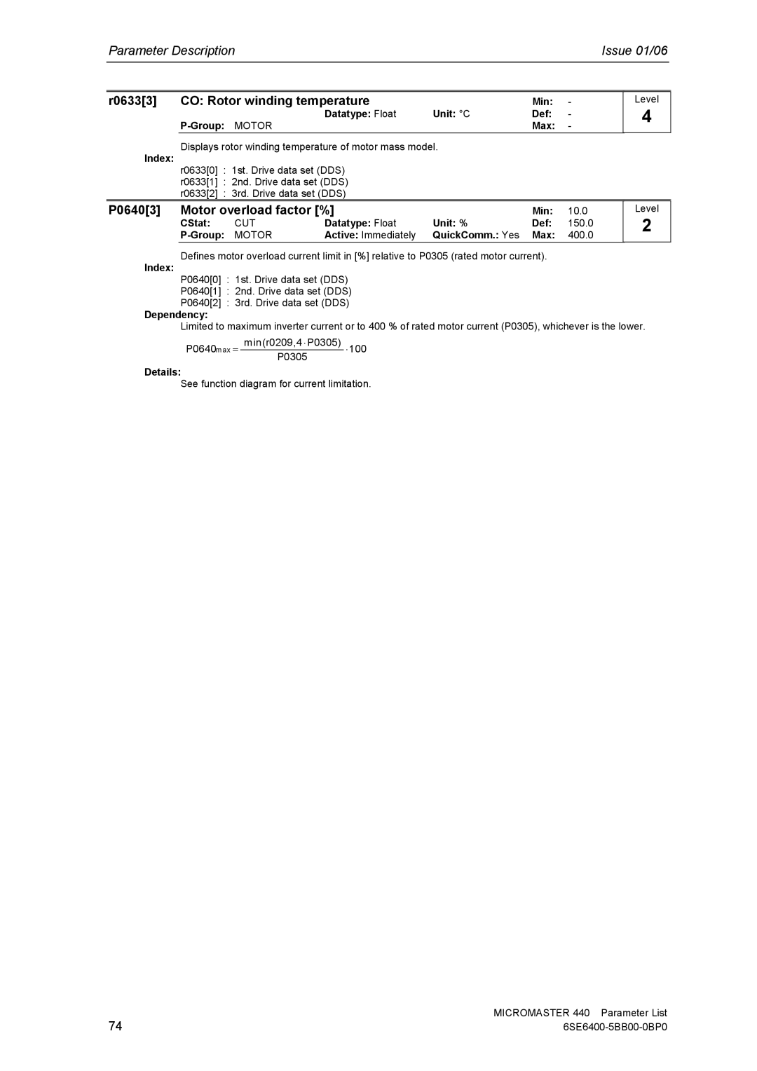 Siemens 440 manual R06333 CO Rotor winding temperature, P06403 Motor overload factor % 