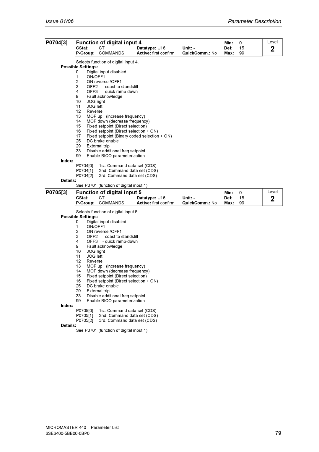 Siemens 440 manual P07043 Function of digital input, P07053 Function of digital input 