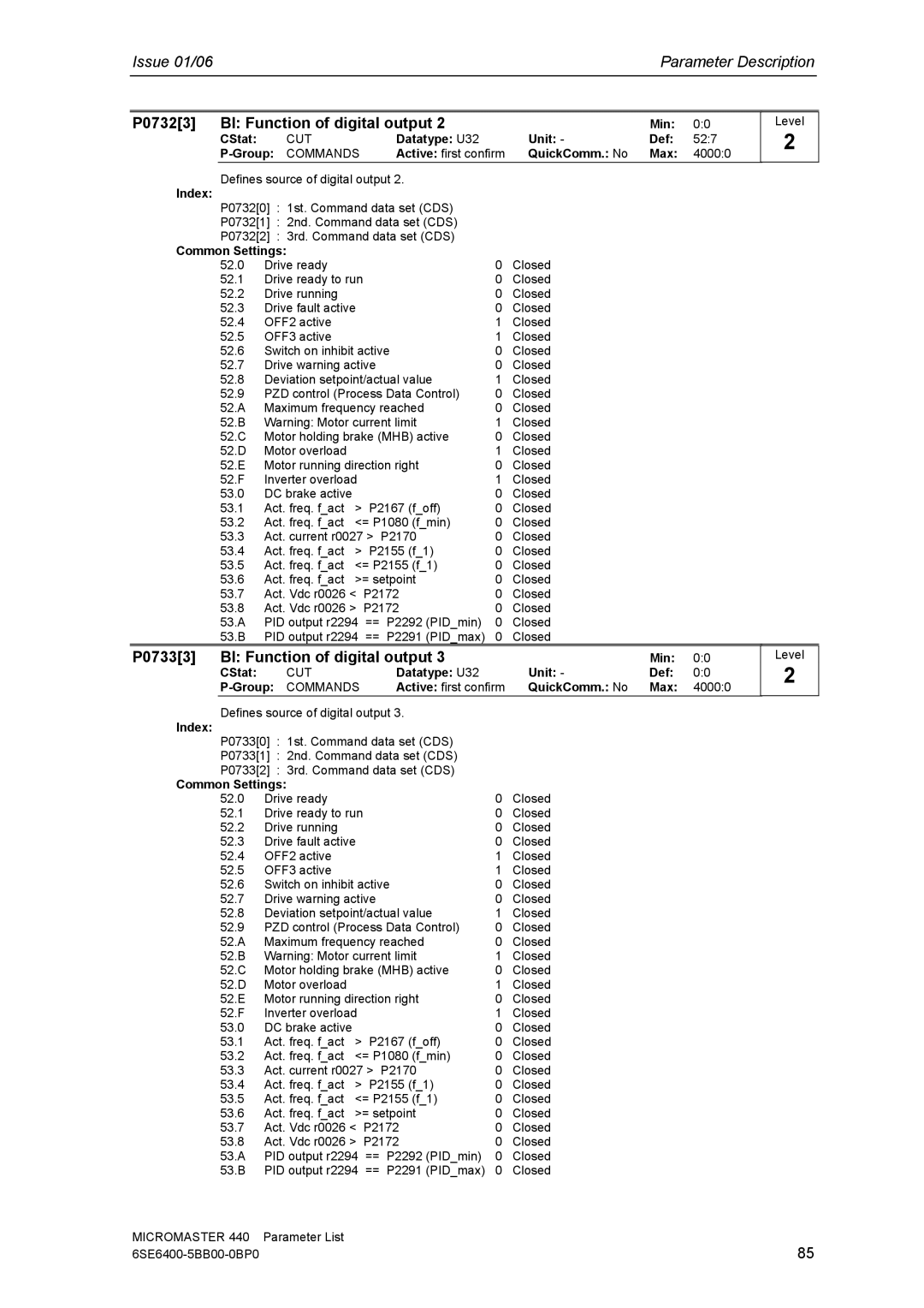 Siemens 440 manual P07323 BI Function of digital output, P07333 BI Function of digital output, Datatype U32 Unit Def 