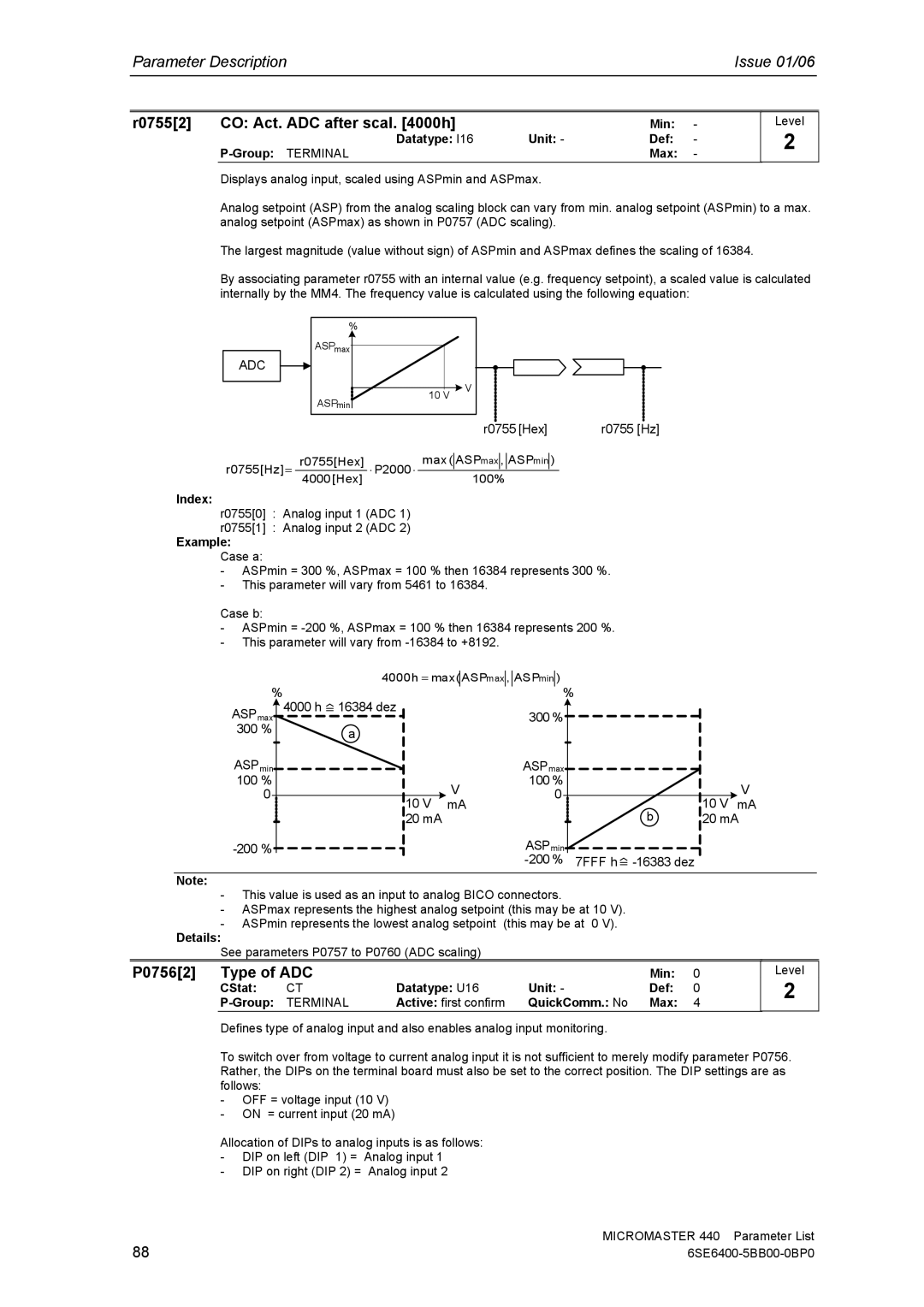 Siemens 440 manual R07552 CO Act. ADC after scal h, P07562 Type of ADC, Min Datatype Unit Def Group Terminal Max 