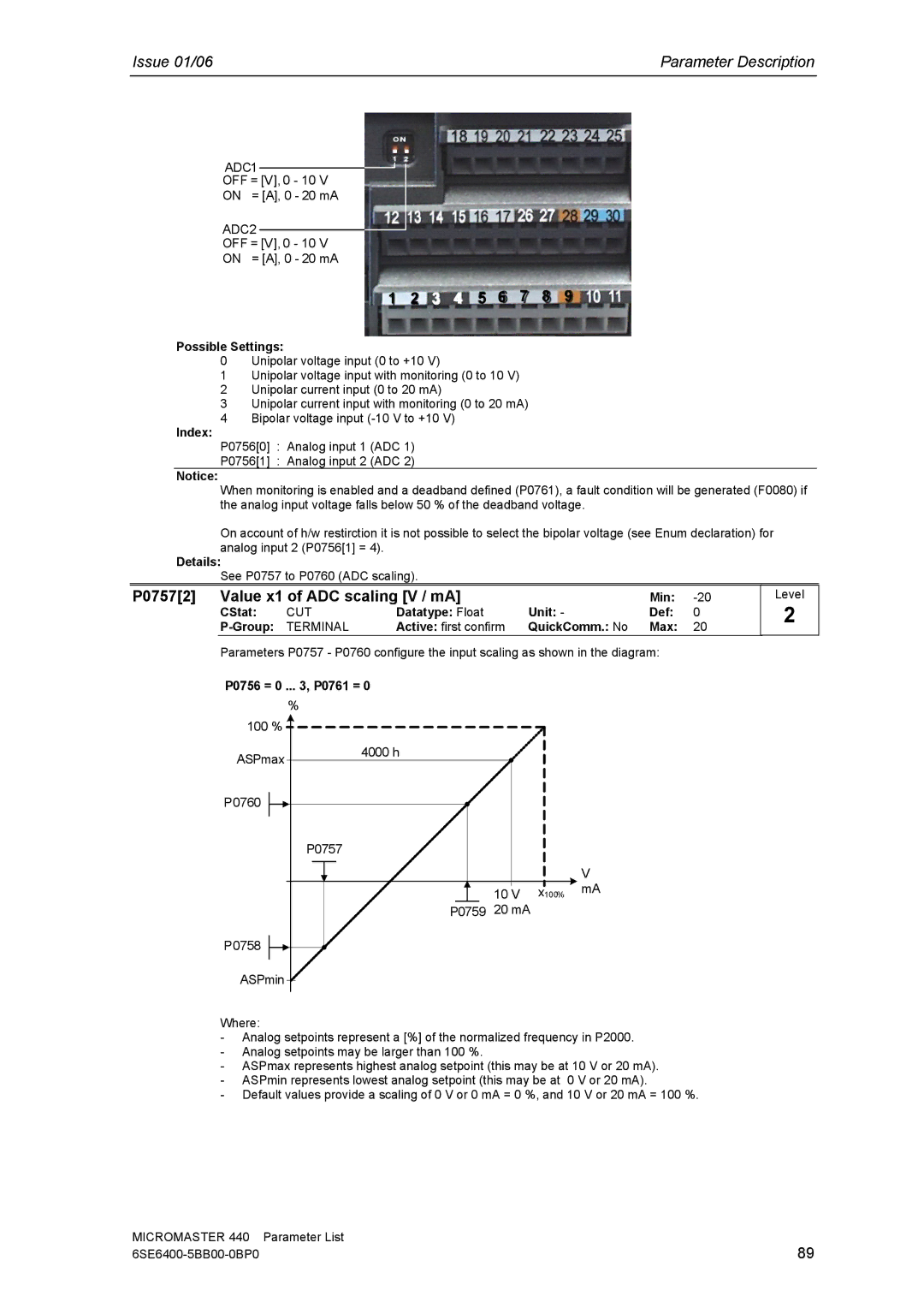 Siemens 440 manual 3 4 5 6 7 8, P07572 Value x1 of ADC scaling V / mA, P0756 = 0 .. , P0761 = 