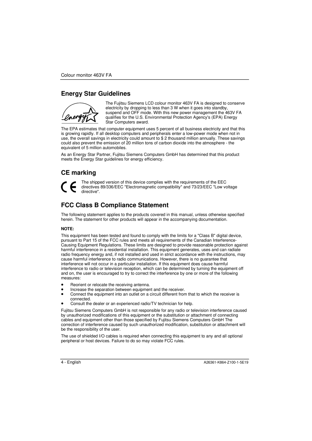 Siemens 463V FA manual Energy Star Guidelines, CE marking, FCC Class B Compliance Statement 