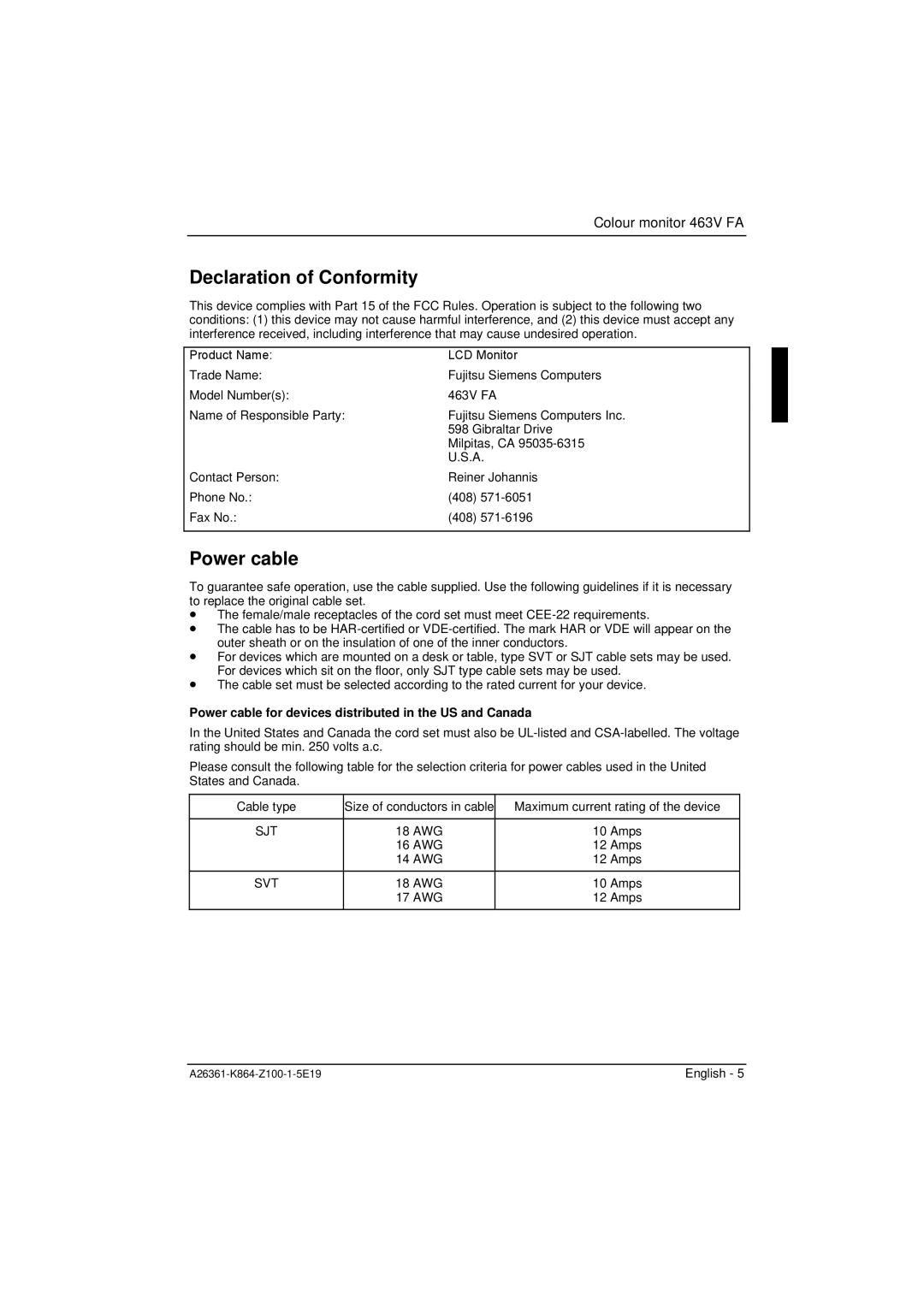 Siemens 463V FA manual Declaration of Conformity, Power cable for devices distributed in the US and Canada 