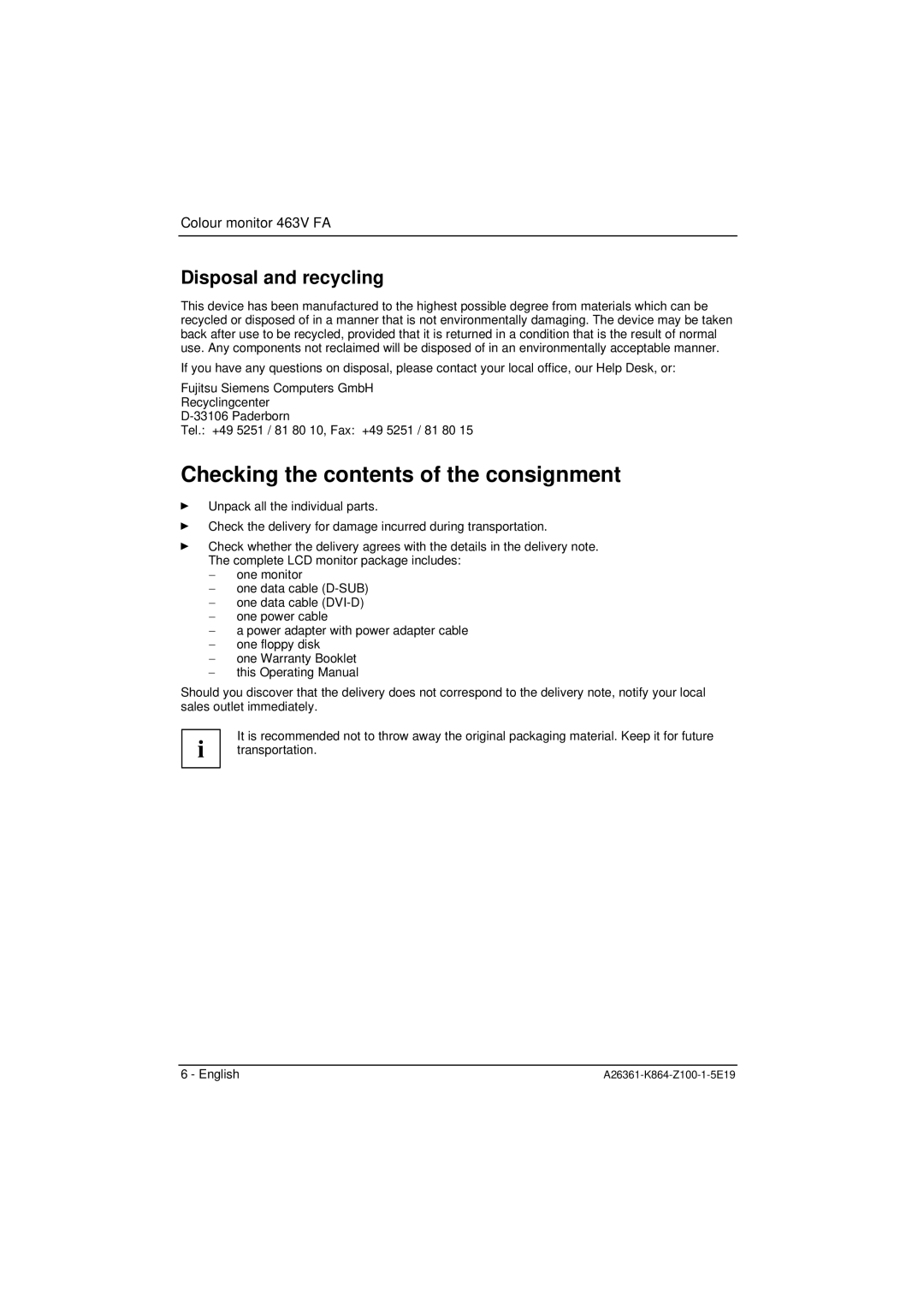 Siemens 463V FA manual Checking the contents of the consignment 